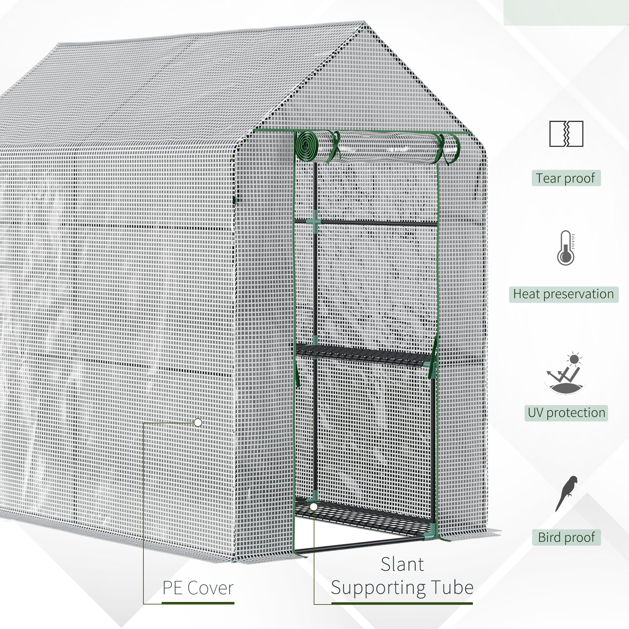 73" x 47" x 75" Walk-in Greenhouse Outdoor Portable Plant Flower Growth Warm House Garden Tunnel Shed with Roll-up Door and 4 Shelves, White