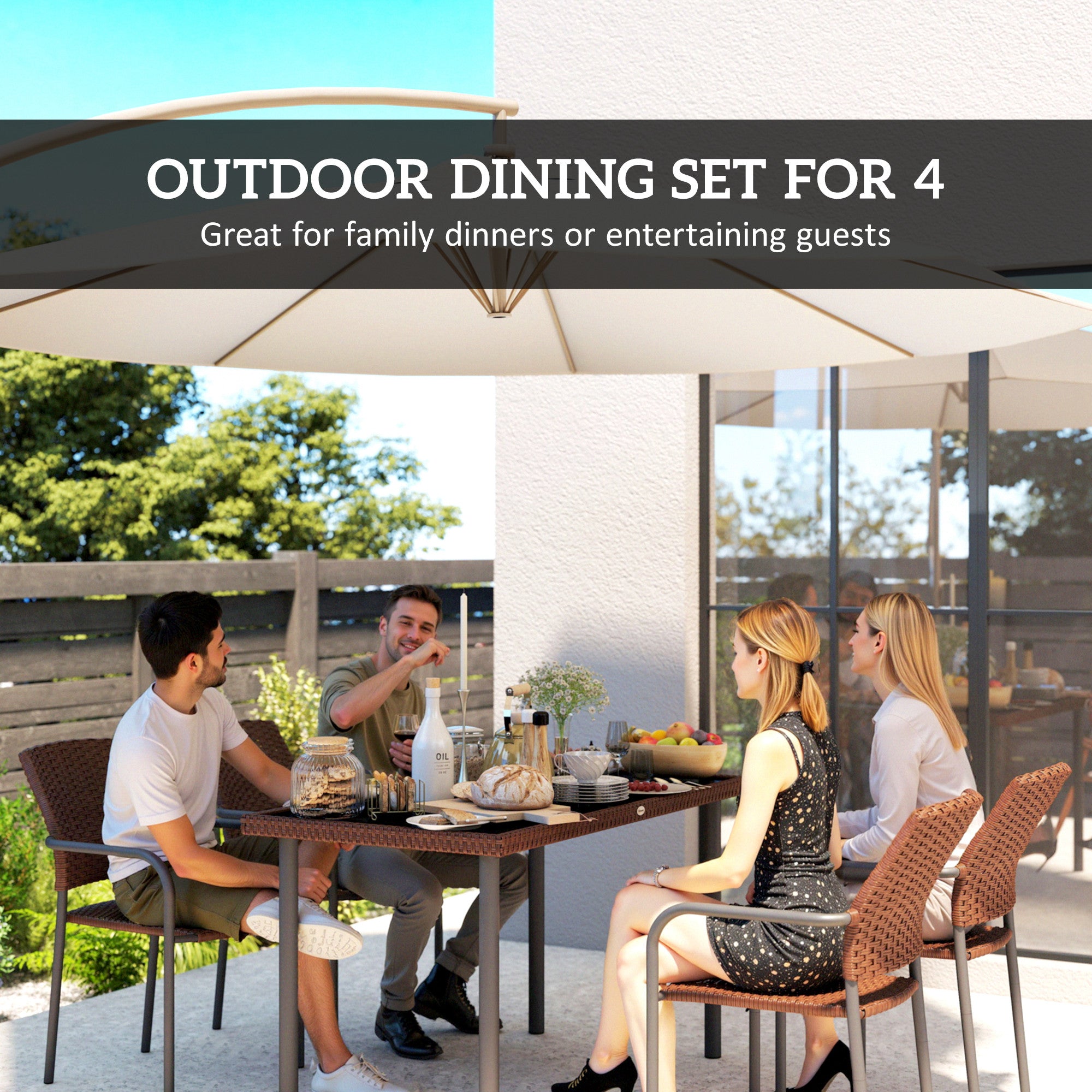 5 Pieces Outdoor Dining Set for 4, PE Wicker Rattan Patio Furniture Set with Stackable Chairs and Glass Table Top