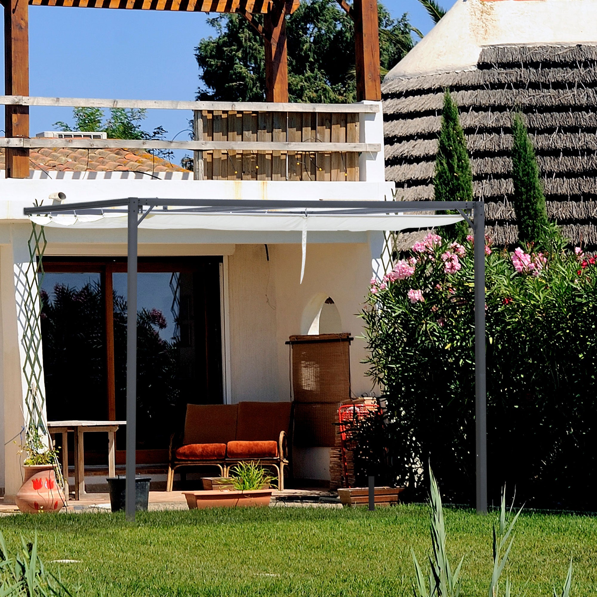 10'x10' Outdoor Pergola Gazebo with Retractable Canopy & Metal Frame & PA Coated Sun Shelter Door Porch Cover, Cream White