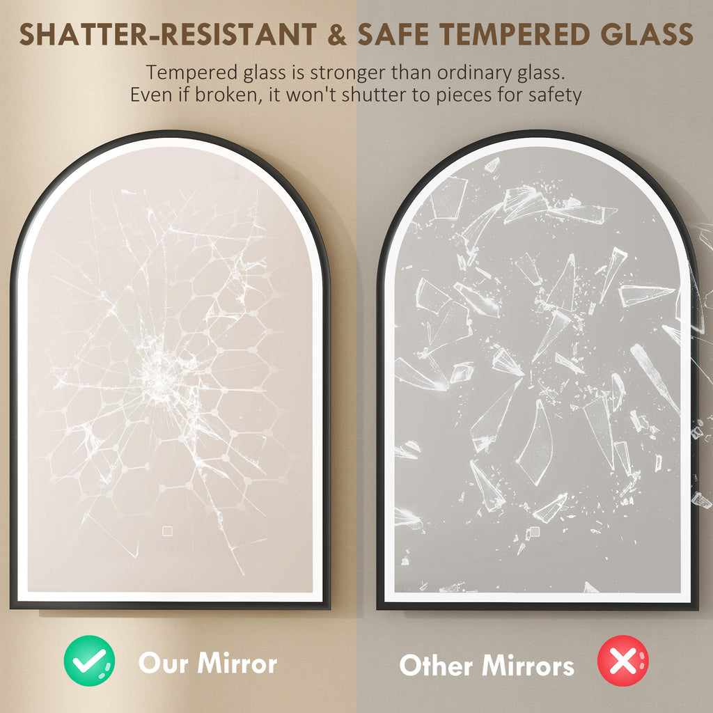 24" x 36" LED Bathroom Mirror, Arched Tempered Glass Wall Mirror, Anti-Fog, Dimmable, Memory Function, Black