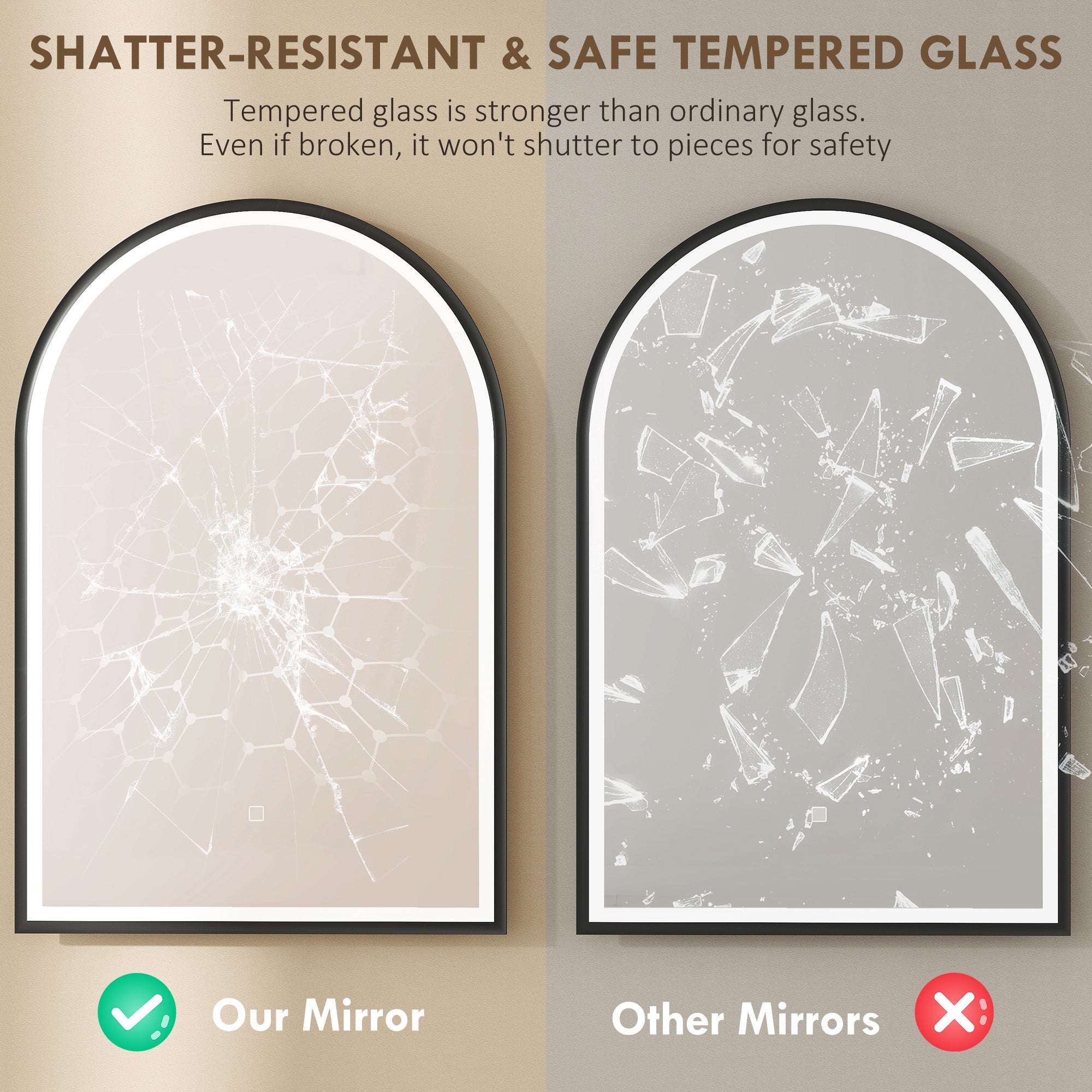 24" x 36" LED Bathroom Mirror, Arched Tempered Glass Wall Mirror, Anti-Fog, Dimmable, Memory Function, Black