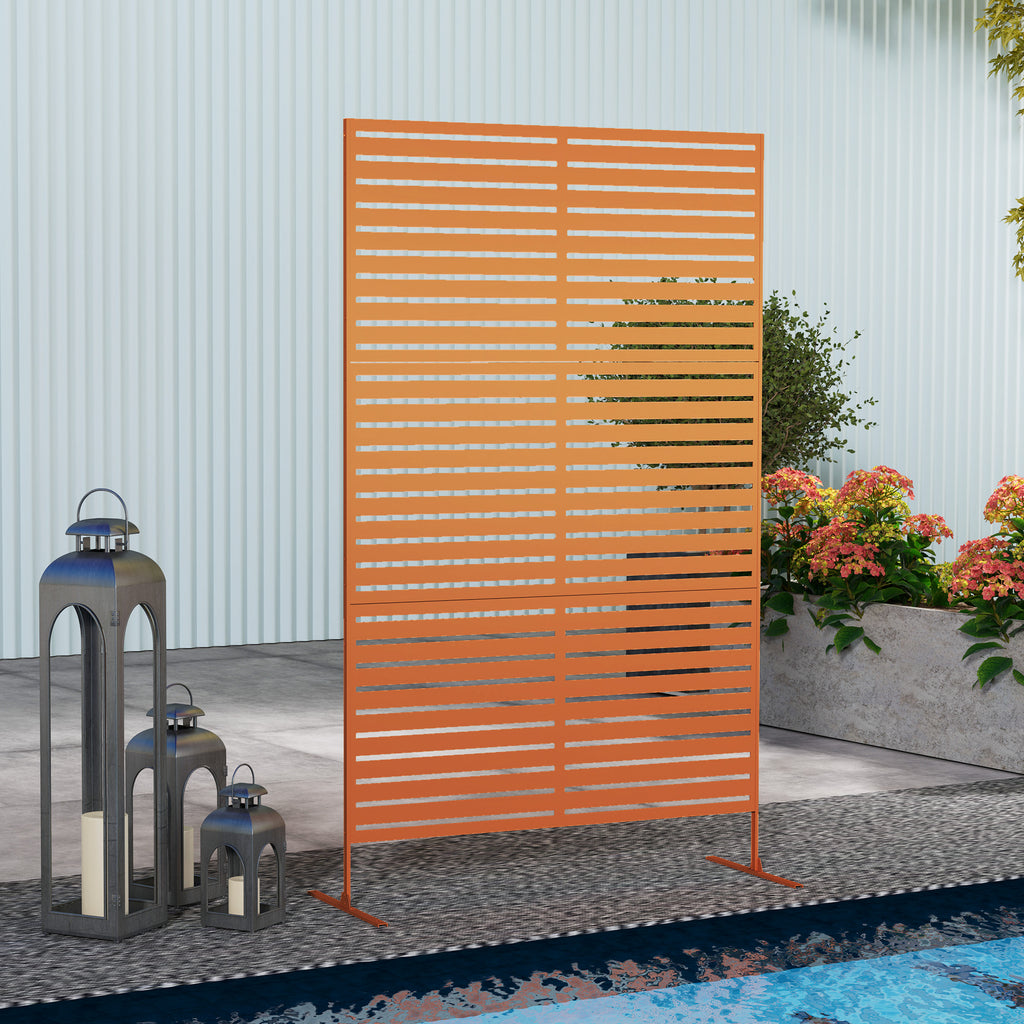 Decorative Outdoor Privacy Panel, Freestanding Metal Outdoor Divider with Stand for Garden, Backyard, Deck, Pool, Brown