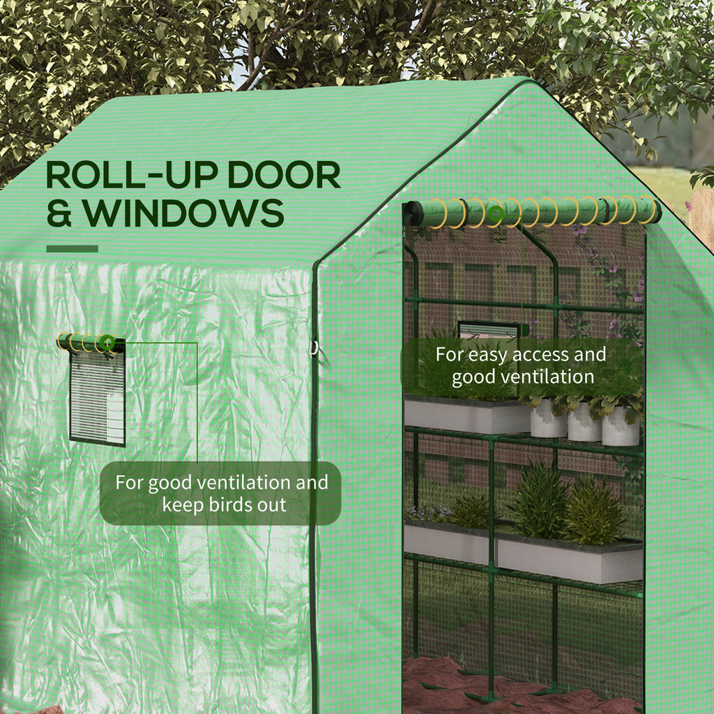 Walk-in Greenhouse with 3 Tier, Garden Plant Growhouse with Roll-up Door and Mesh Windows, 140 x 213 x 190 cm, Green