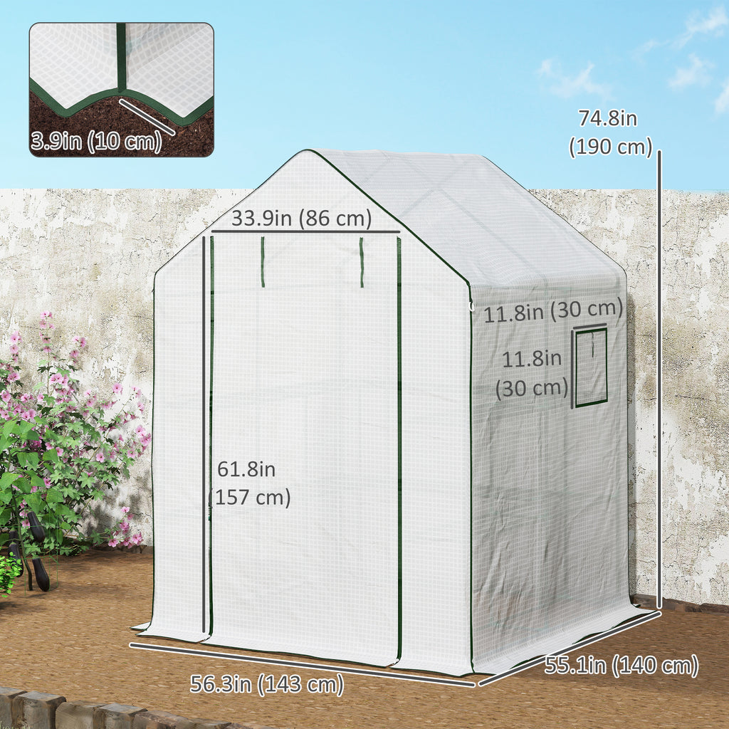 Portable Greenhouse, Walk-In Small Outdoor Green House with 2 Tier U-Shaped Flower Rack Shelves, 4.6' x 4.7', White