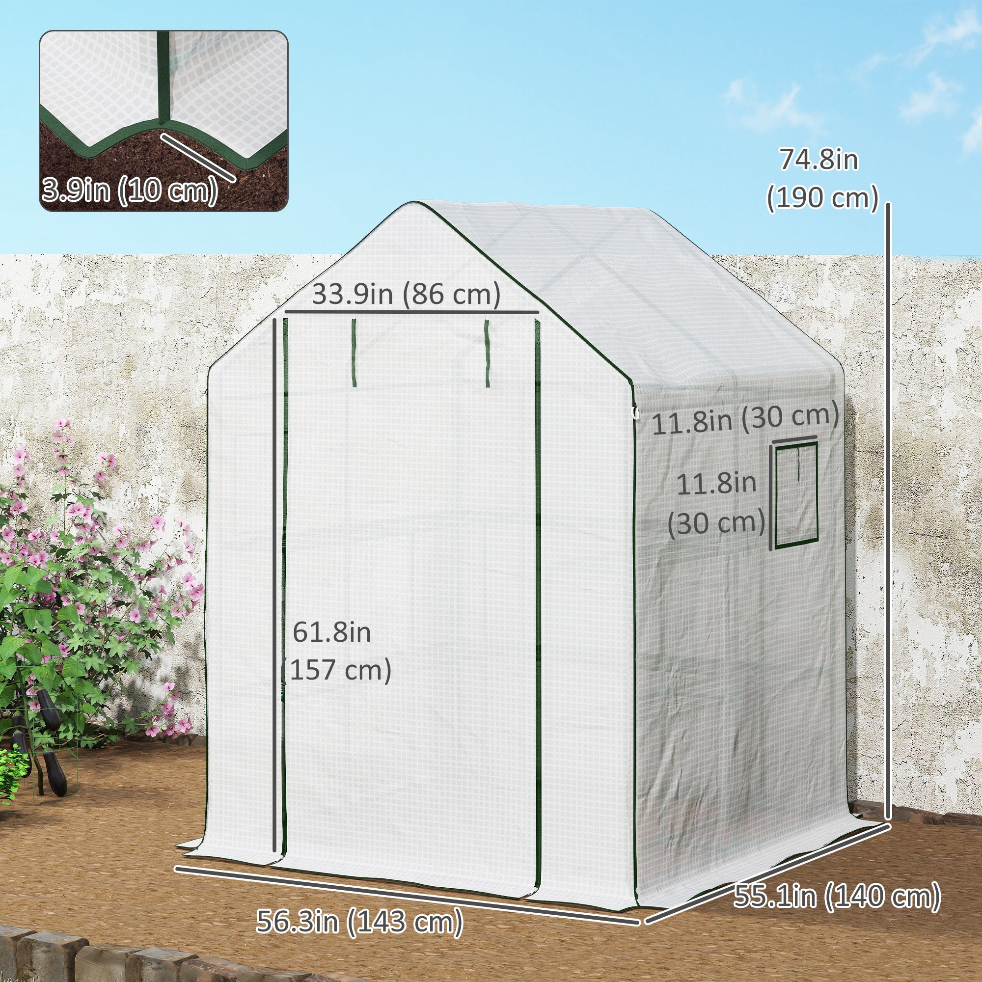 Portable Greenhouse, Walk-In Small Outdoor Green House with 2 Tier U-Shaped Flower Rack Shelves, 4.6' x 4.7', White