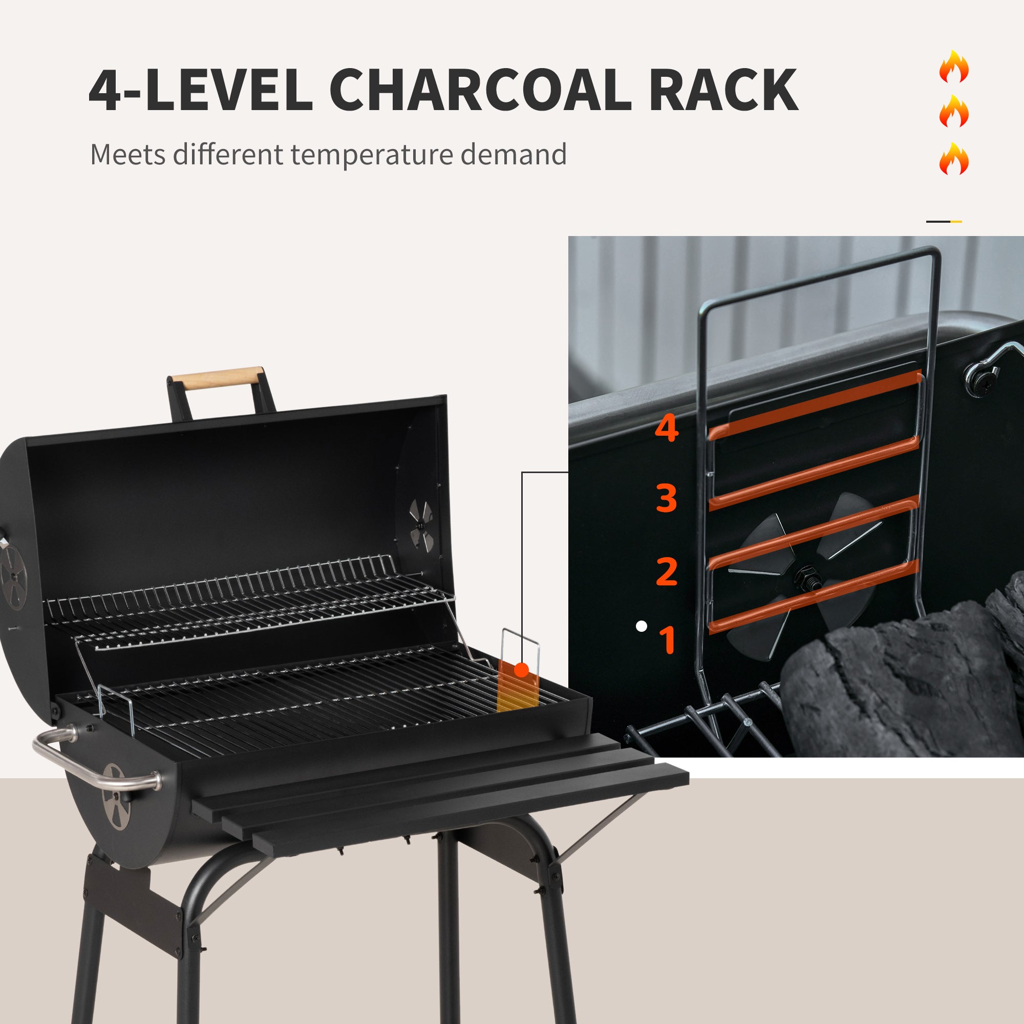 30" Charcoal Barbecue Grill with Wheels Outdoor Barbecue with Adjustable Charcoal Rack, Storage Shelf, Wheel, for Garden Camping Picnic