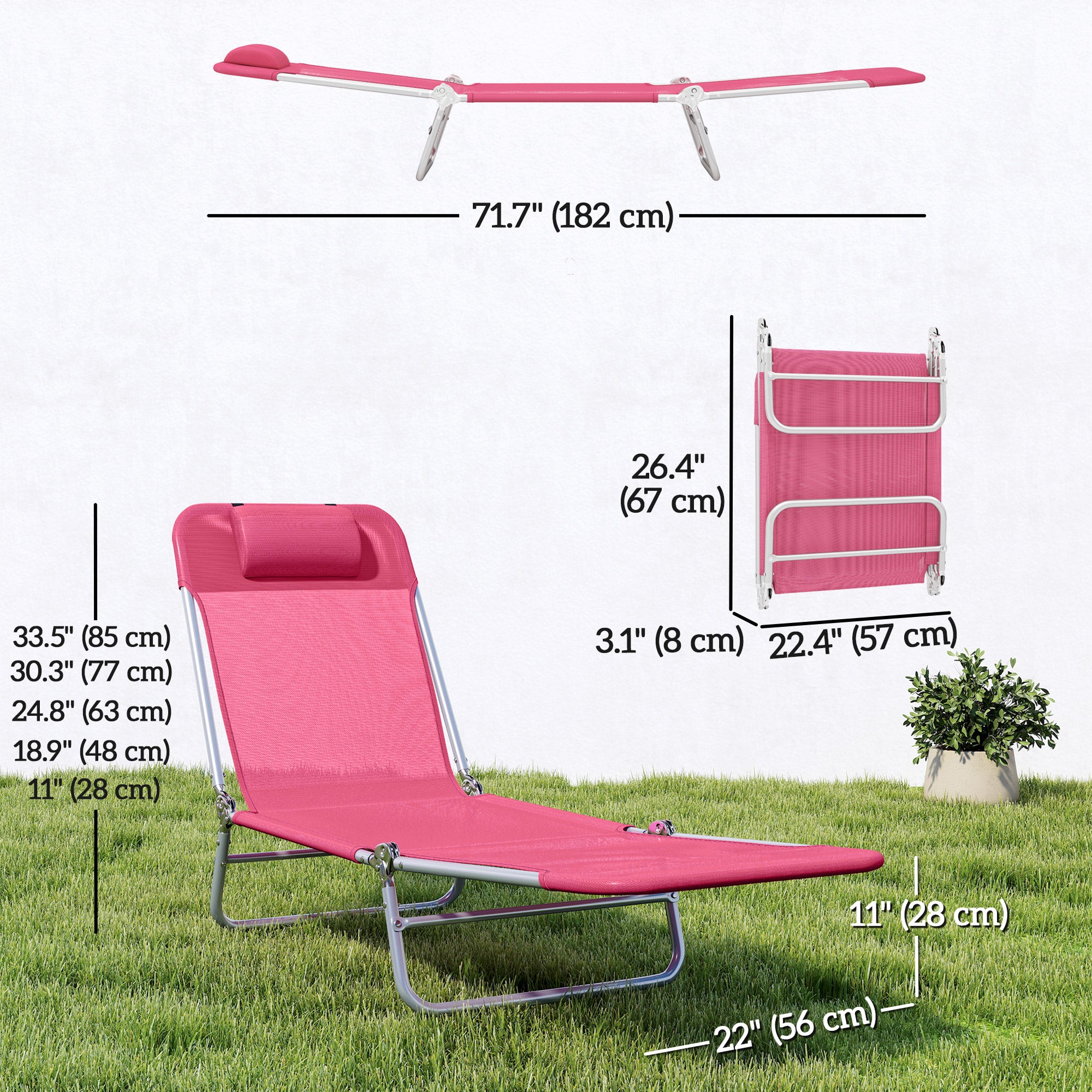 Folding Lounge Chair, Portable Tanning Chair with Adjustable Backrest, Pillow for Beach Poolside Patio, Pink