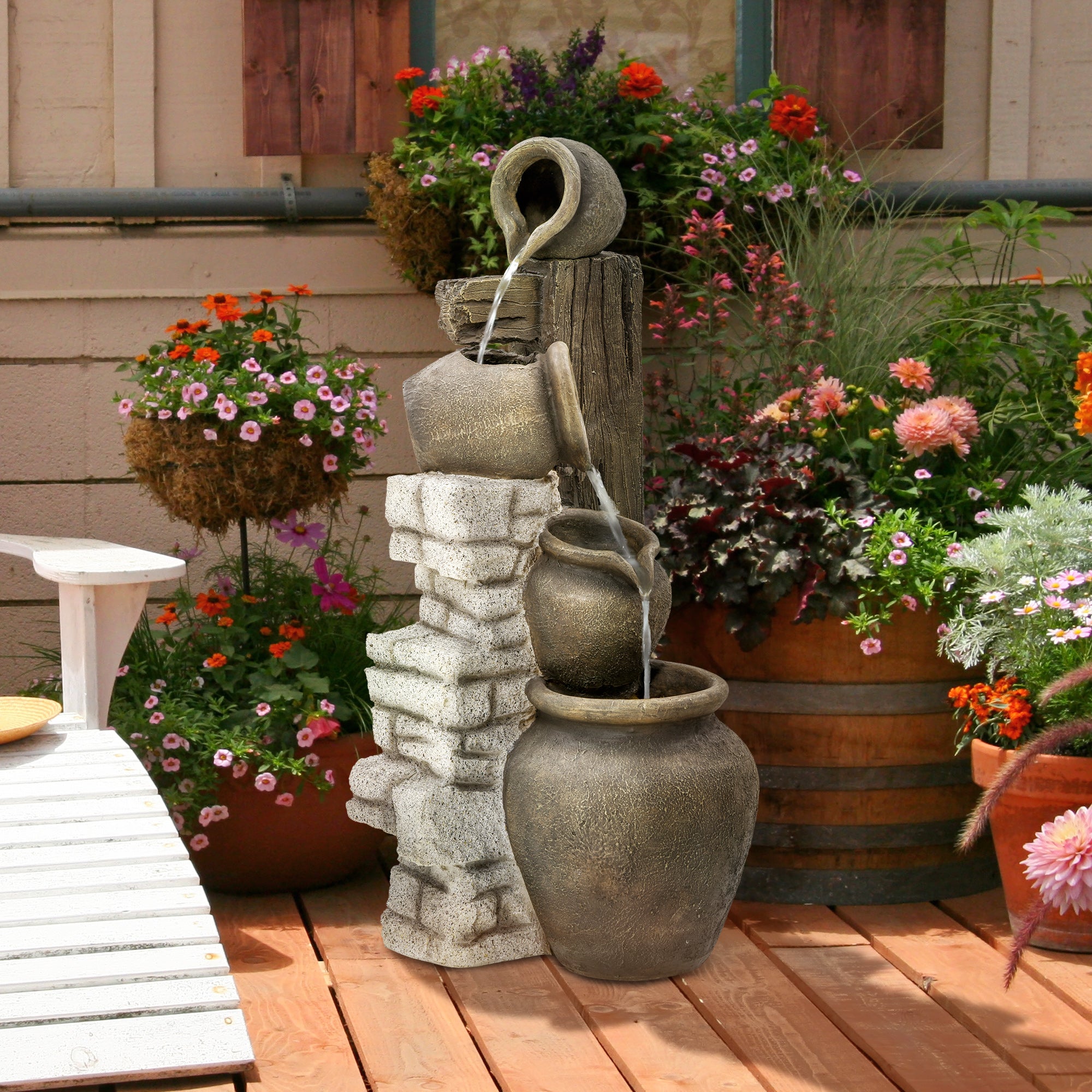 Wine Jars Outdoor Waterfall Fountain with Adjustable Flow, 4-Tier Rustic Resin Cascading Water Fountain, Decorative Backyard Water Feature for Zen Garden, Deck, Porch