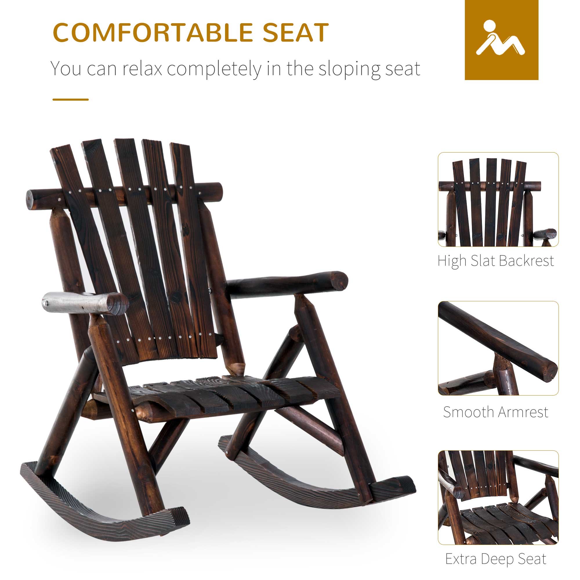 Outdoor Rocking Chair, Wooden Adirondack Outdoor Rocker with High Back, Slatted Seat, Oversized Rustic Patio Rocking Chair for Garden, Porch, Yard, Balcon, Dark Carbonized