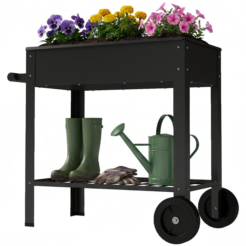 Metal Raised Garden Bed, Elevated Planter Box with 2 Wheels, Handle and Shelf, 31.5" Tall Raised Planter