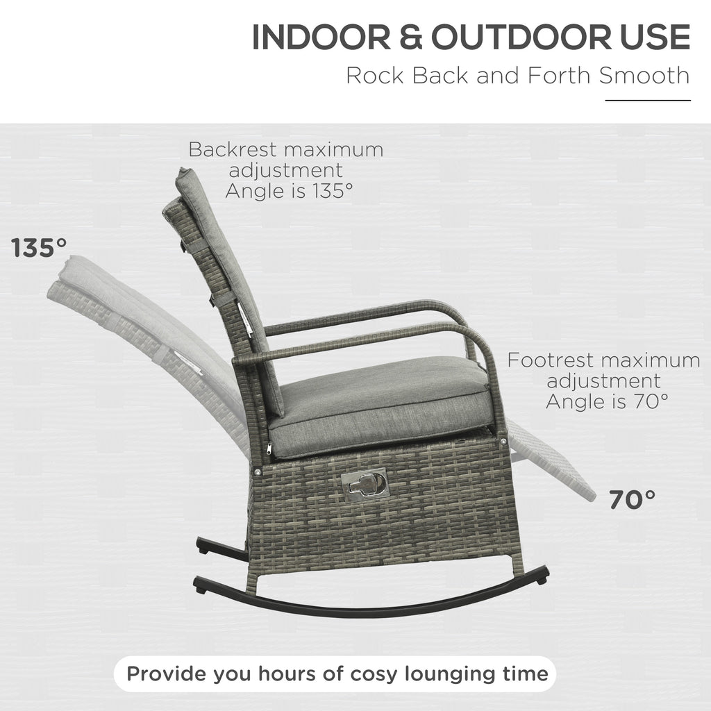Outdoor Wicker Rocking Chair with Cushion, Patio PE Rattan Recliner Chair with Adjustable Footrest, Armrests, Mixed Grey