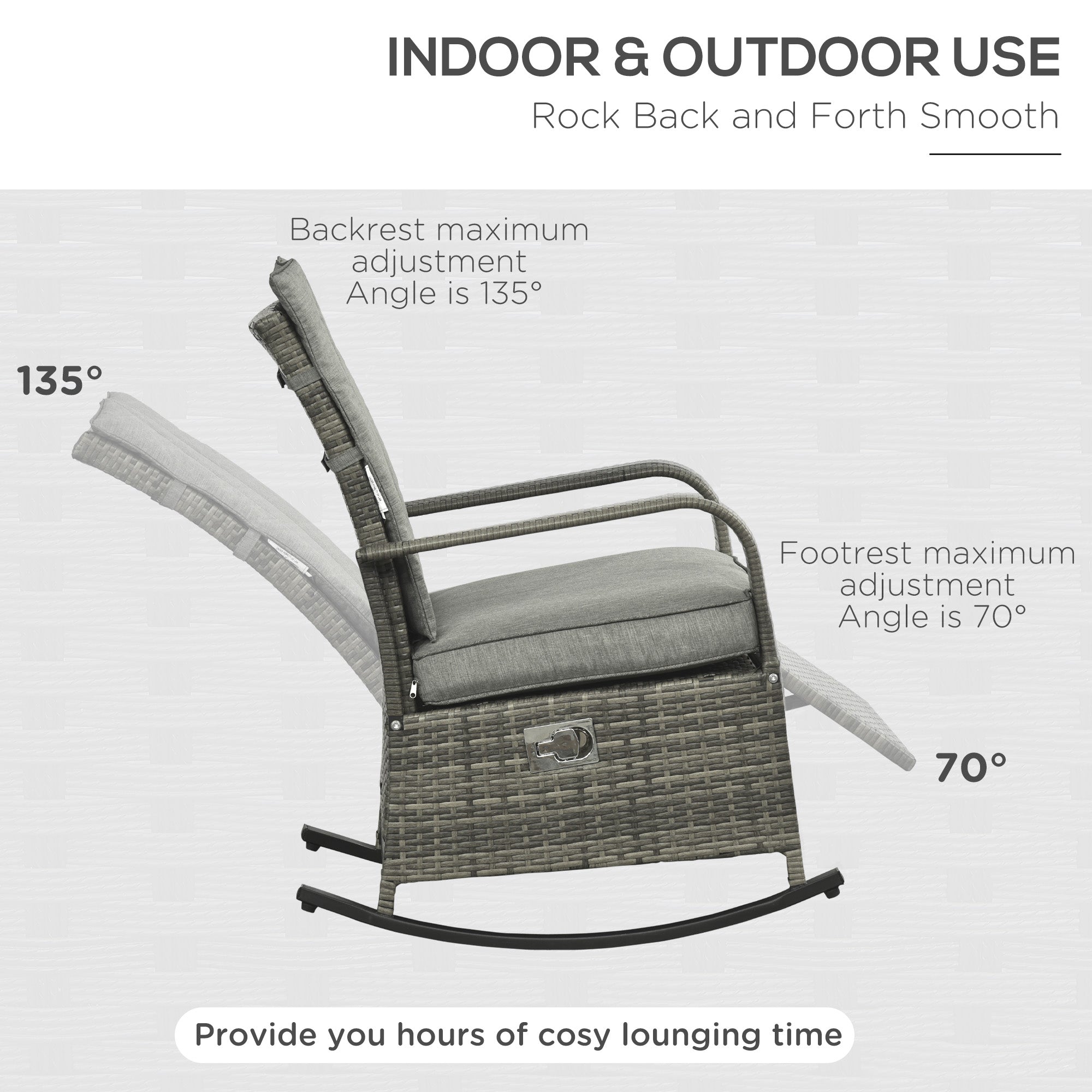 Outdoor Wicker Rocking Chair with Cushion, Patio PE Rattan Recliner Chair with Adjustable Footrest, Armrests, Mixed Grey