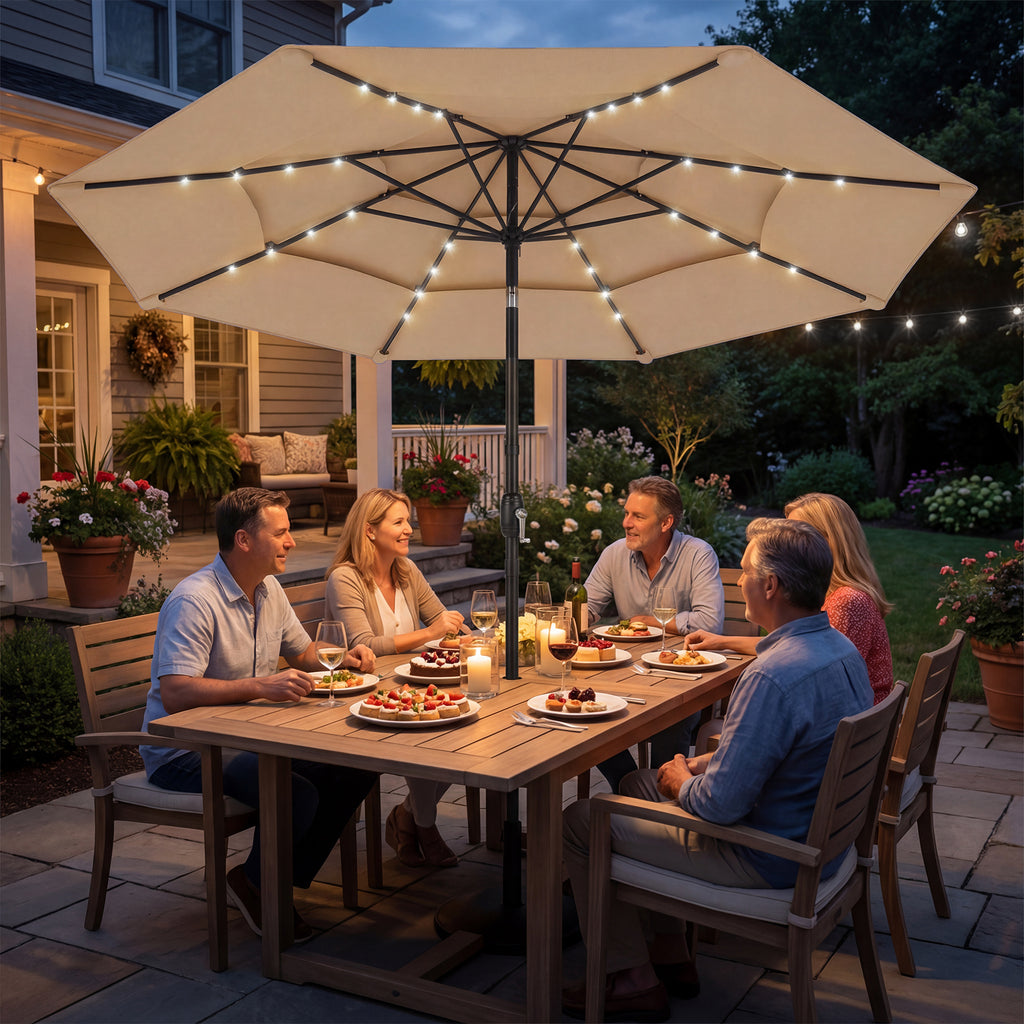 9.3 ft Patio Umbrella with Solar LED Lights, Cover, 3 Tier Outdoor Market Table Parasol with Tilt, Crank, Khaki