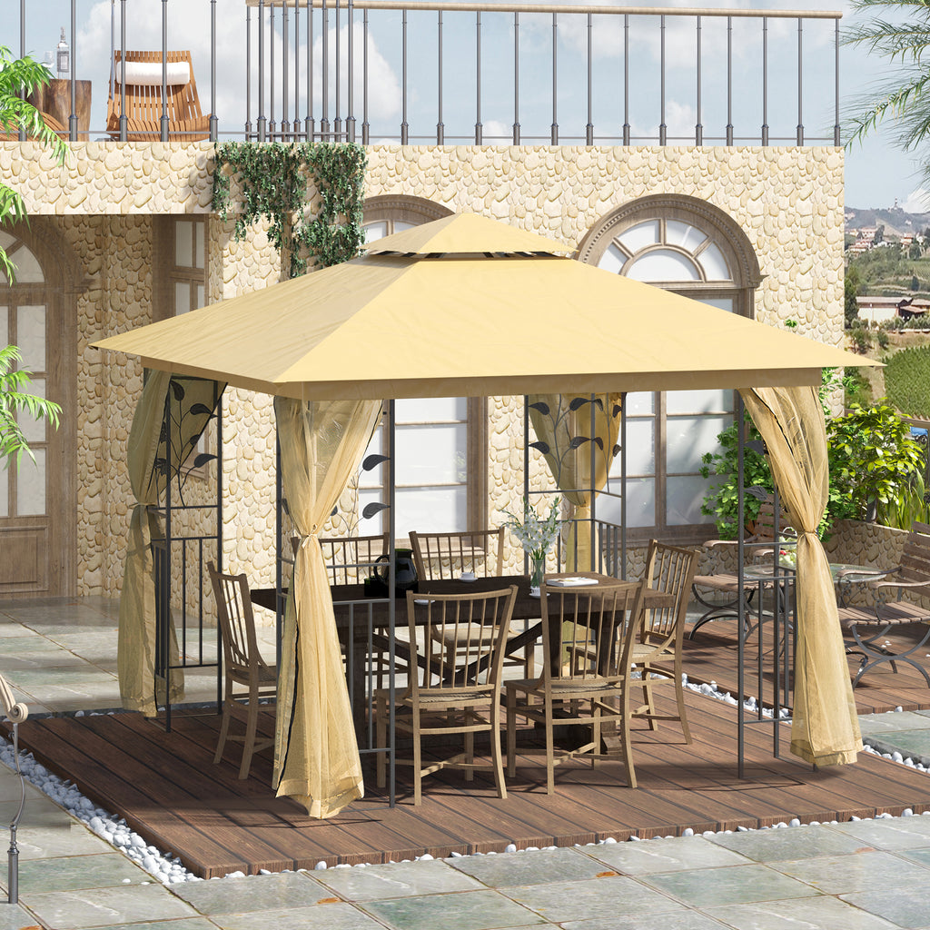 10'x10' Soft-top Steel Patio Gazebo Outdoor Sun Shelter with 2-Tier Polyester Roof, Curtain Sidewalls, Beige