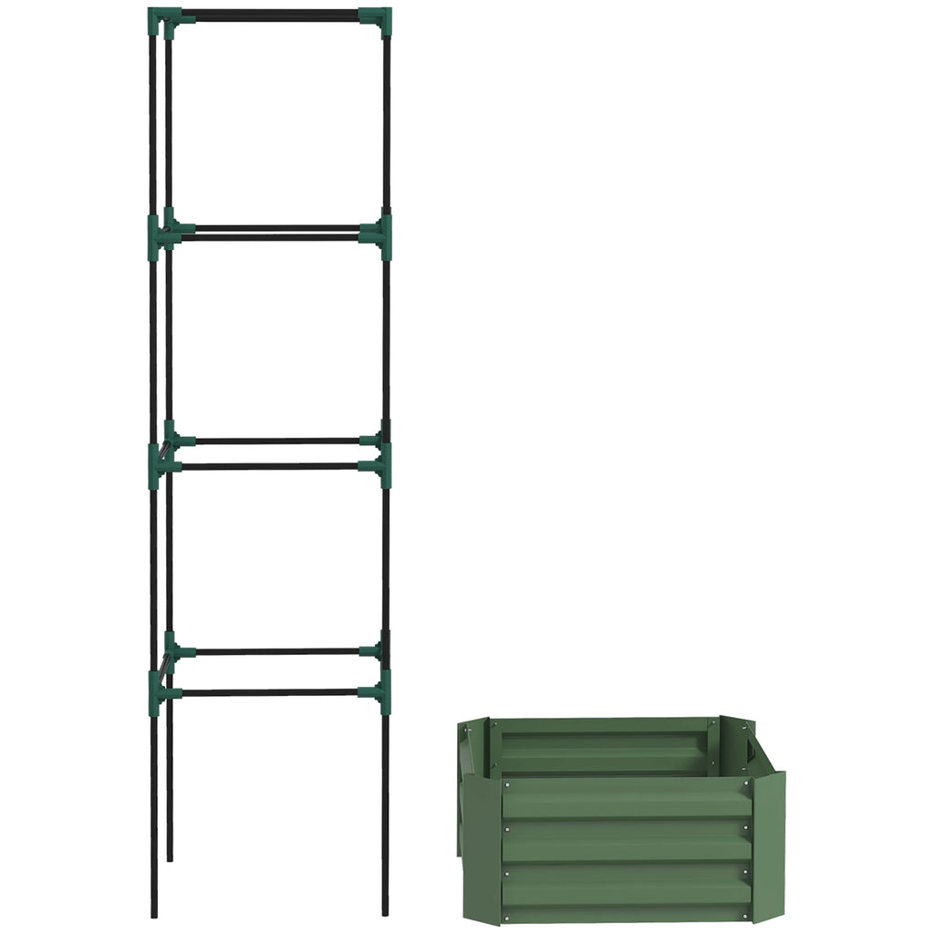 Galvanized Planter Box, Outdoor Raised Garden Bed with 4-Tier Trellis Tomato Cage for Climbing Vines, Vegetables, Green