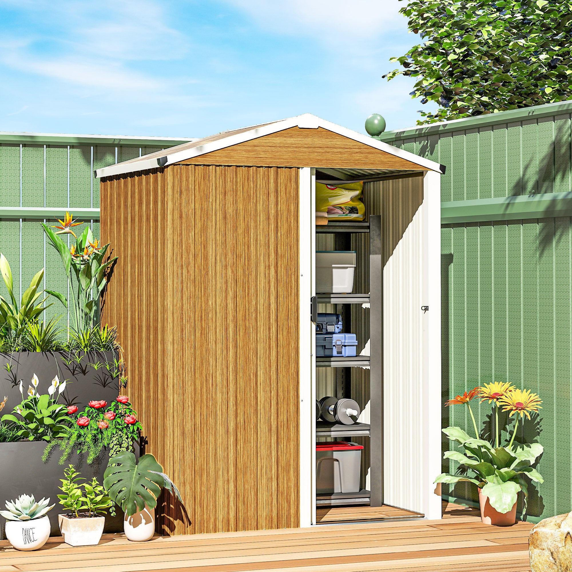 4.5 x 3ft Outdoor Storage Shed, Waterproof Metal Garden Shed with Lockable Door for Backyard, Patio, Lawn, Wood Grain