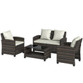 4-Piece Outdoor Wicker Patio Furniture Conversation Set, Includes Loveseat, Chairs and 2-Tier Table with Cushions, Modern Rattan Sofa Set for Backyard, Beige