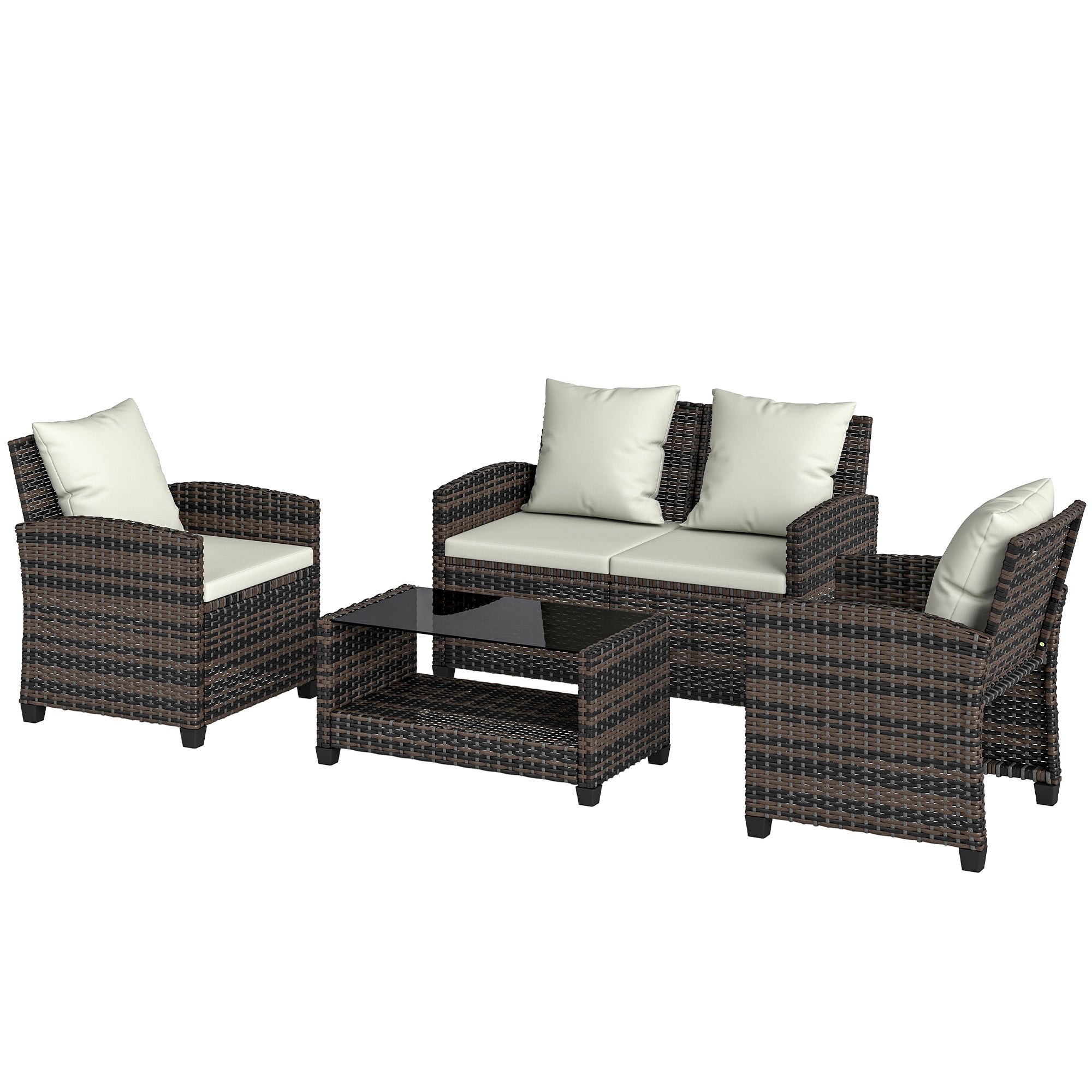 4-Piece Outdoor Wicker Patio Furniture Conversation Set, Includes Loveseat, Chairs and 2-Tier Table with Cushions, Modern Rattan Sofa Set for Backyard, Beige