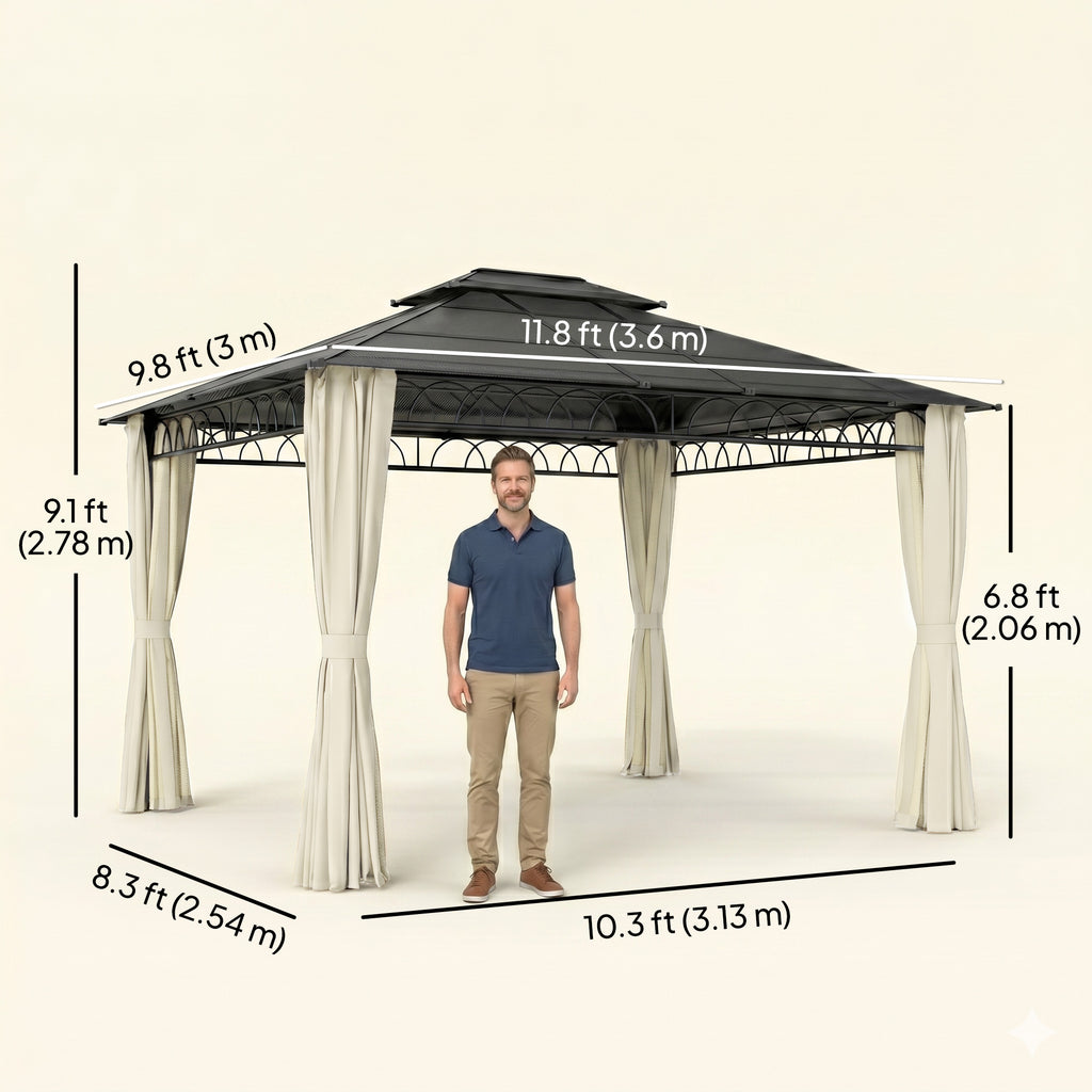 10' x 12' Outdoor Gazebo Canopy, DoubleÂ Roof Hardtop Gazebo withÂ Polycarbonate Roof, Steel Frame, NettingsÂ andÂ Curtains