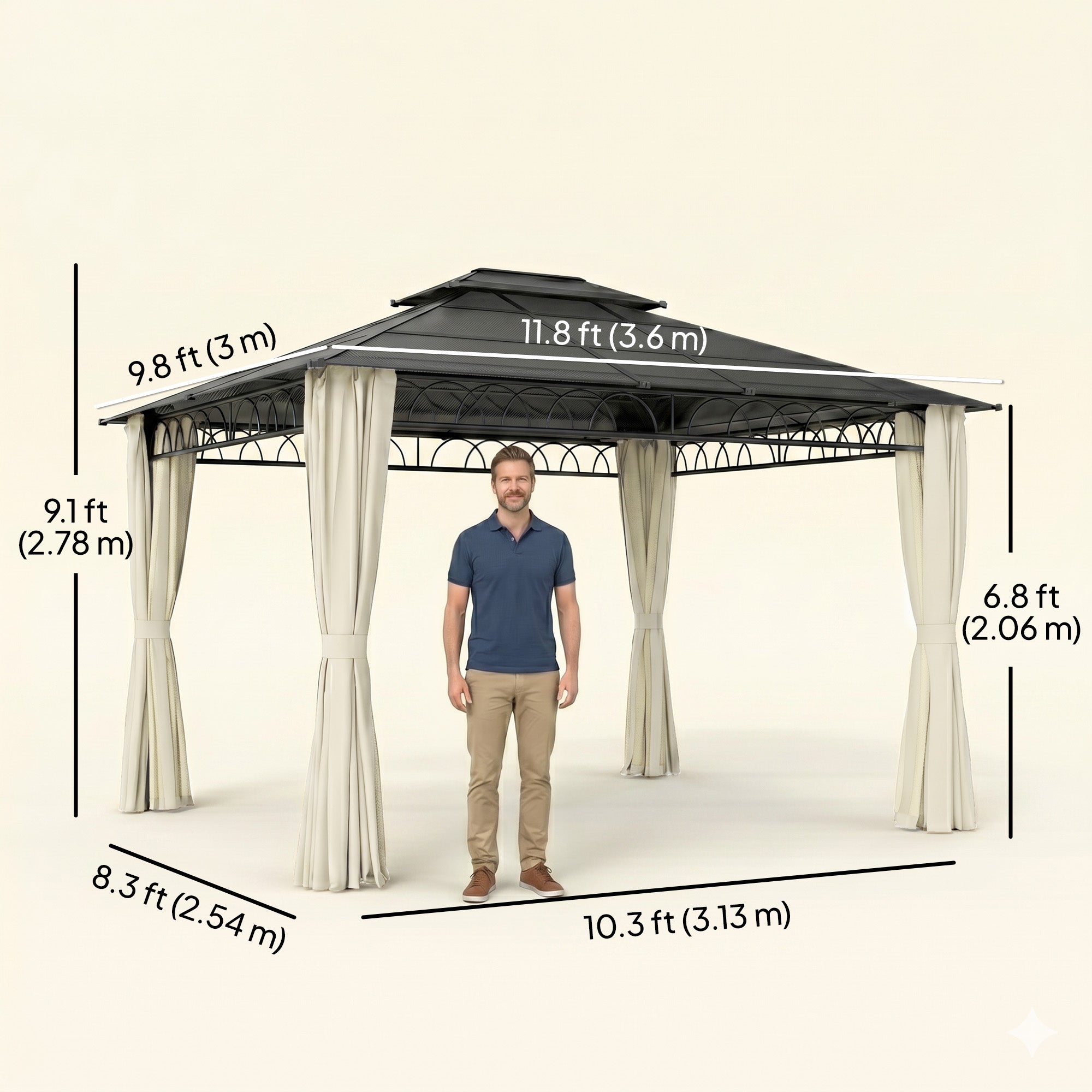 10' x 12' Outdoor Gazebo Canopy, DoubleÂ Roof Hardtop Gazebo withÂ Polycarbonate Roof, Steel Frame, NettingsÂ andÂ Curtains