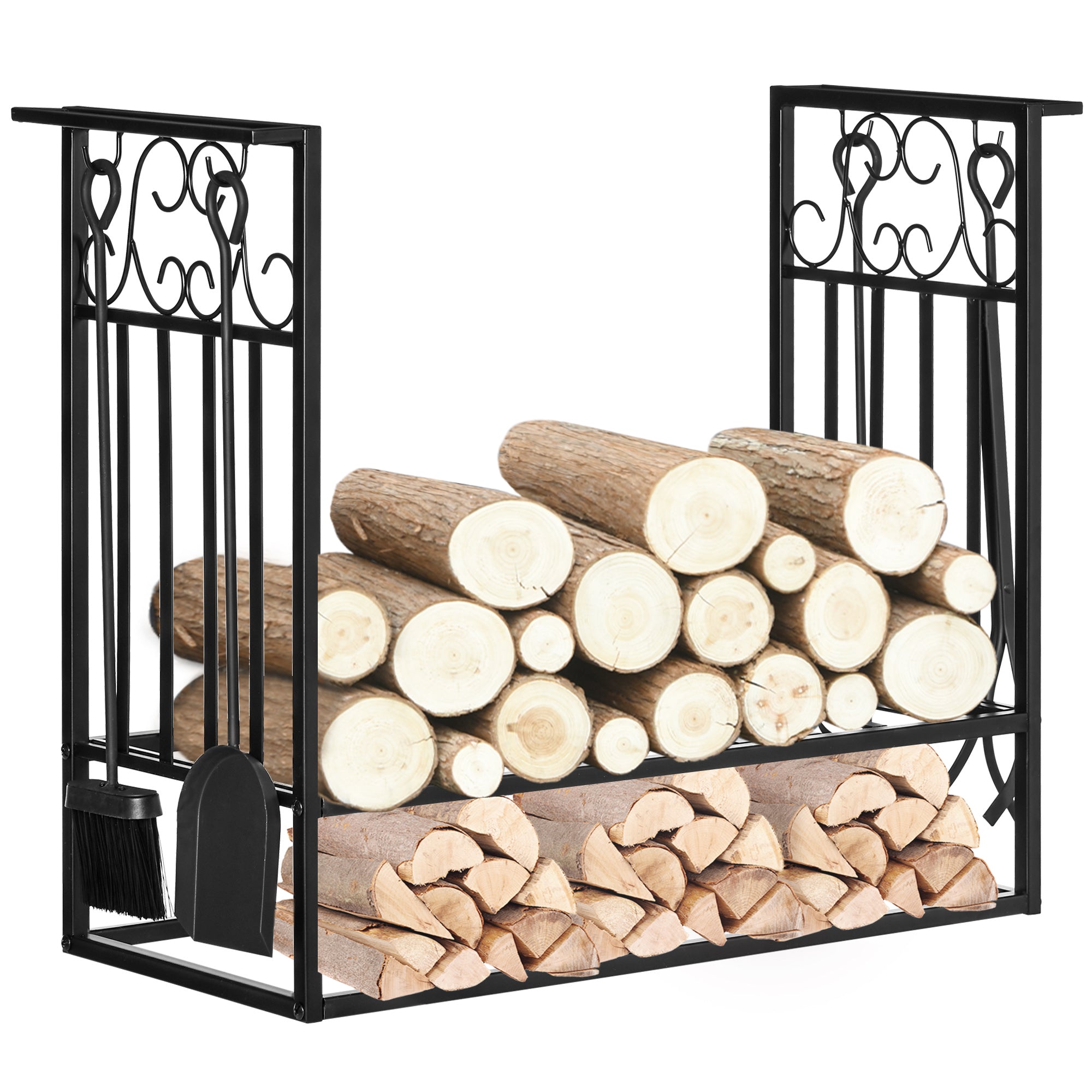 29.5" x 11.75" x 23.5" Heavy Duty Firewood Wood Log Rack Vintage Design Firewood Storage Shelf w/ 4 Tools, Black