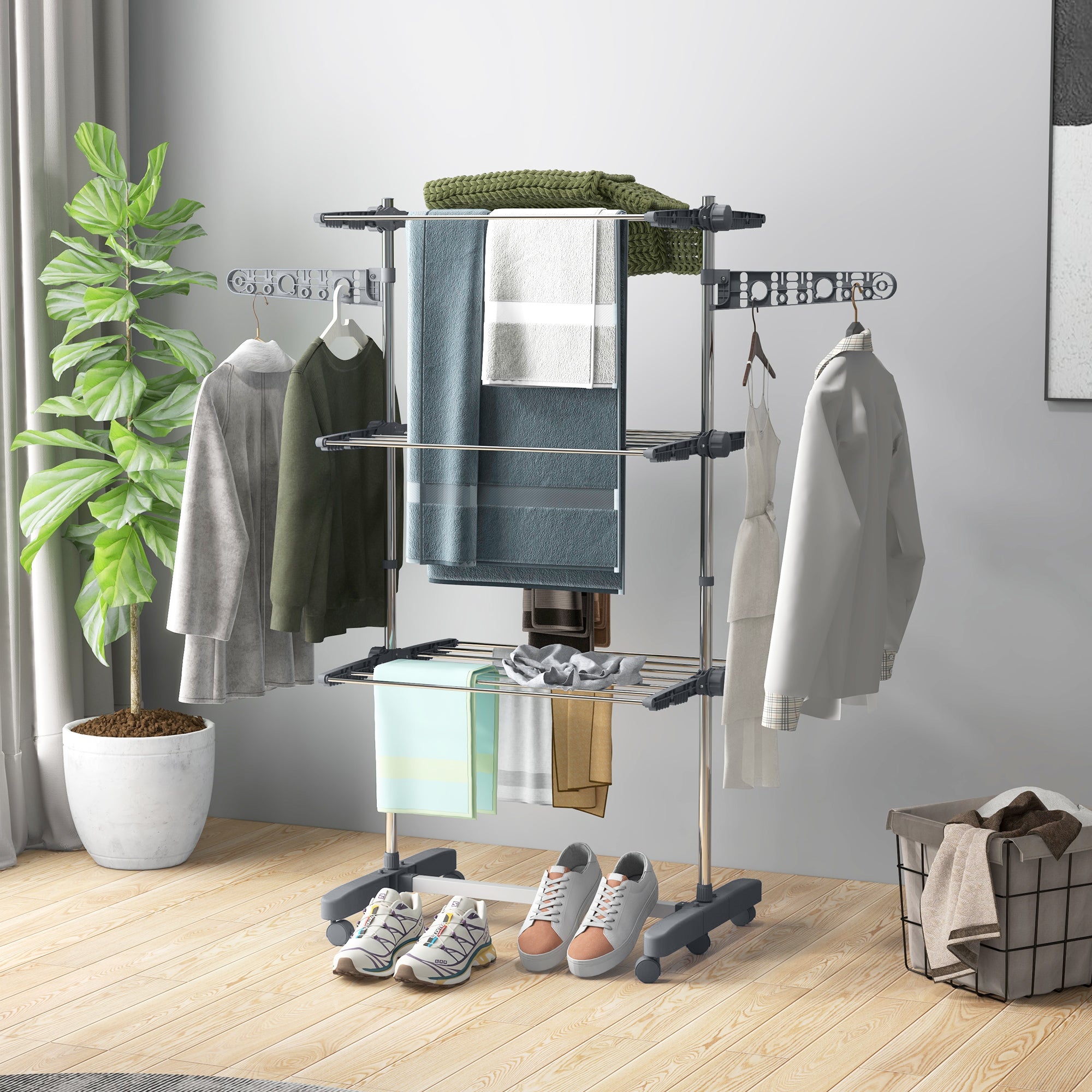 3-Tier Foldable Clothes Drying Rack, Stainless Steel Laundry Rack with 2 Side Wings and 6 Castors, Collapsible Adjustable Clothes Airer for Indoor Outdoor, Grey