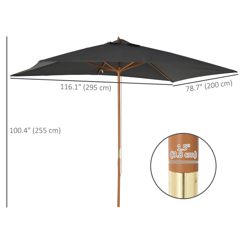 7' x 10' Wooden Patio Umbrella, Rectangle Garden Parasol, Outdoor Sunshade Canopy with Bamboo Ribs for Garden, Dark Grey