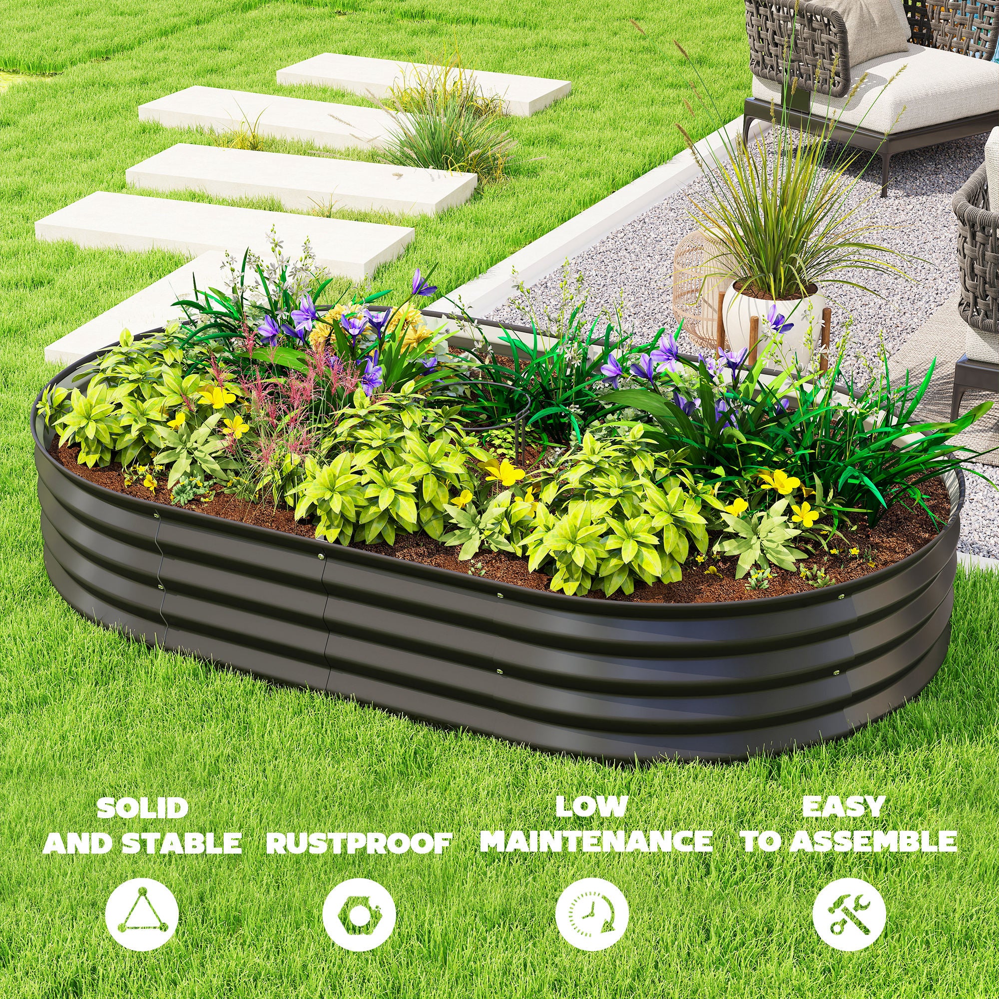 5' x 3' x 1' Large Outdoor Planter Box, Galvanized Raised Garden Bed with Metal Plant Stake, Black
