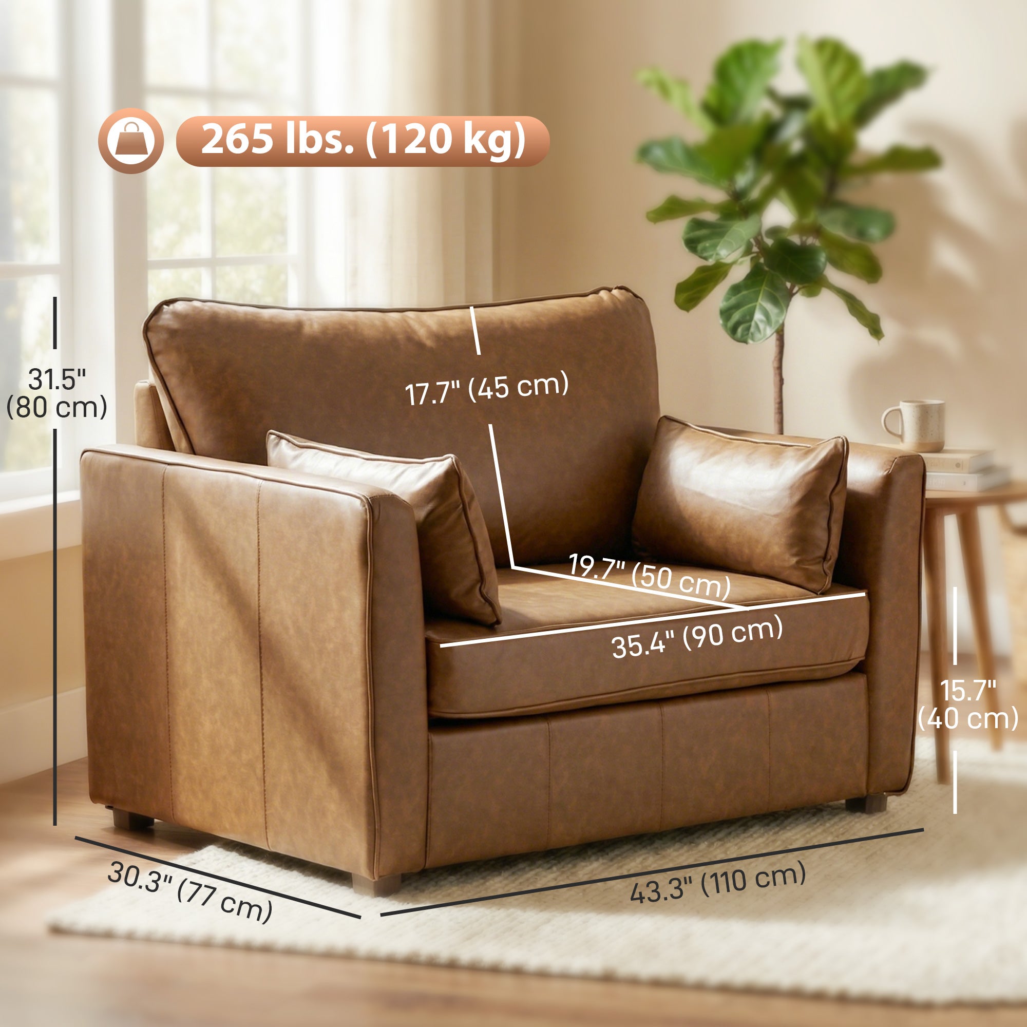 Accent Chair, PU Leather Armchair with Wide Seat, Spring Cushion, Rubberwood legs, 2 Pillows, Brown