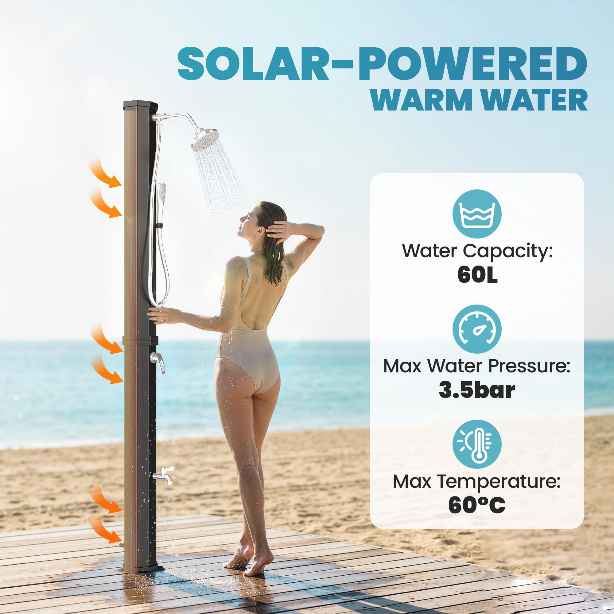 16 Gal Solar Heated Shower, 7.4 FT Outdoor Shower with 2 Shower Heads, Adjustable Temperature, Foot Faucet