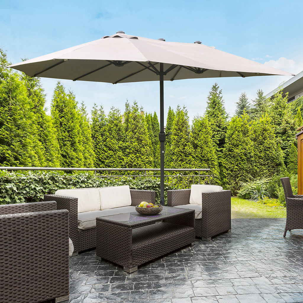 15' Outdoor Patio Umbrella with Twin Canopy Sunshade Steel Table Umbrella w/ Lift Crank, Cross base, Sandbag, Light Grey