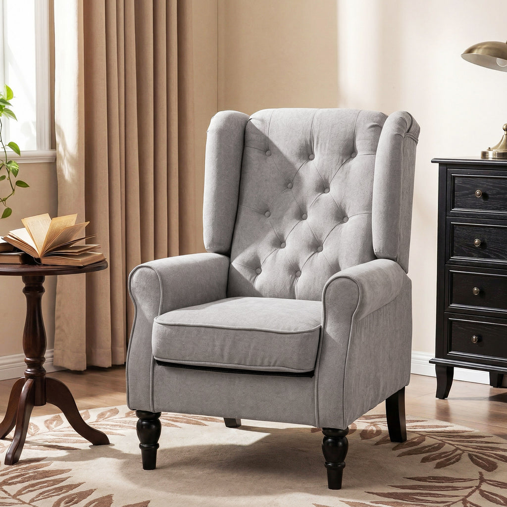 Fabric Accent Chair, Button Tufted Armchair, Upholstered Modern Living Room Chair, Wingback Chair with Wood Legs, Rolled Arms, Thick Padding for Bedroom, Grey