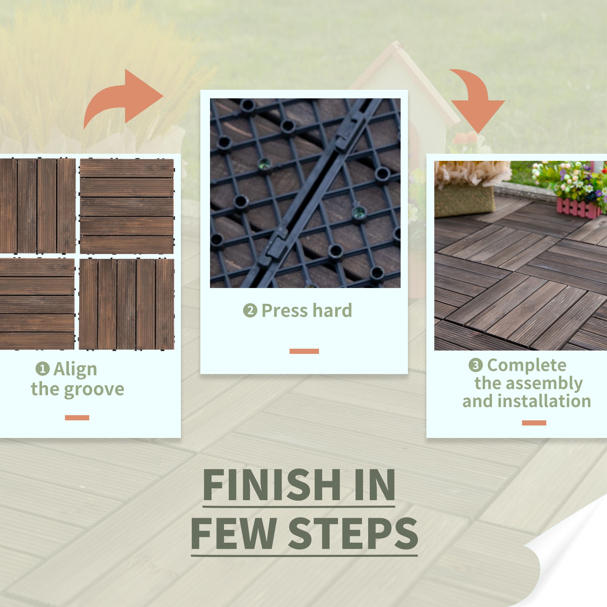 27 Pcs Wood Interlocking Deck Tiles, 12 x 12in Outdoor Flooring Tiles for Indoor and Outdoor Use, Tools Free Assembly, Black