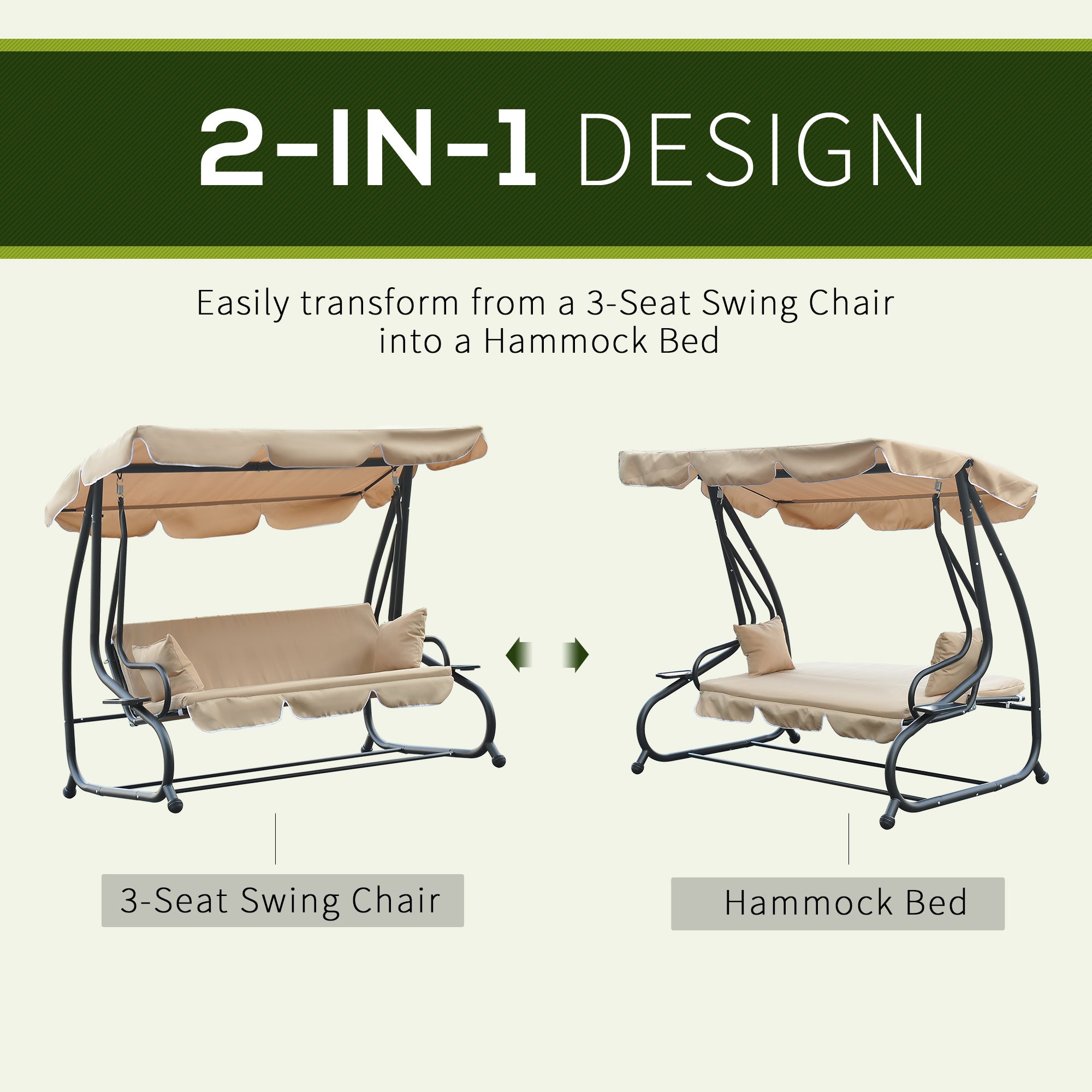 3-Seat Outdoor Patio Swing Chair, 2-in-1 Convertible Flat Bed, Canopy Swing with Adjustable Shade, Removable Cushions, Cup Holder, Beige