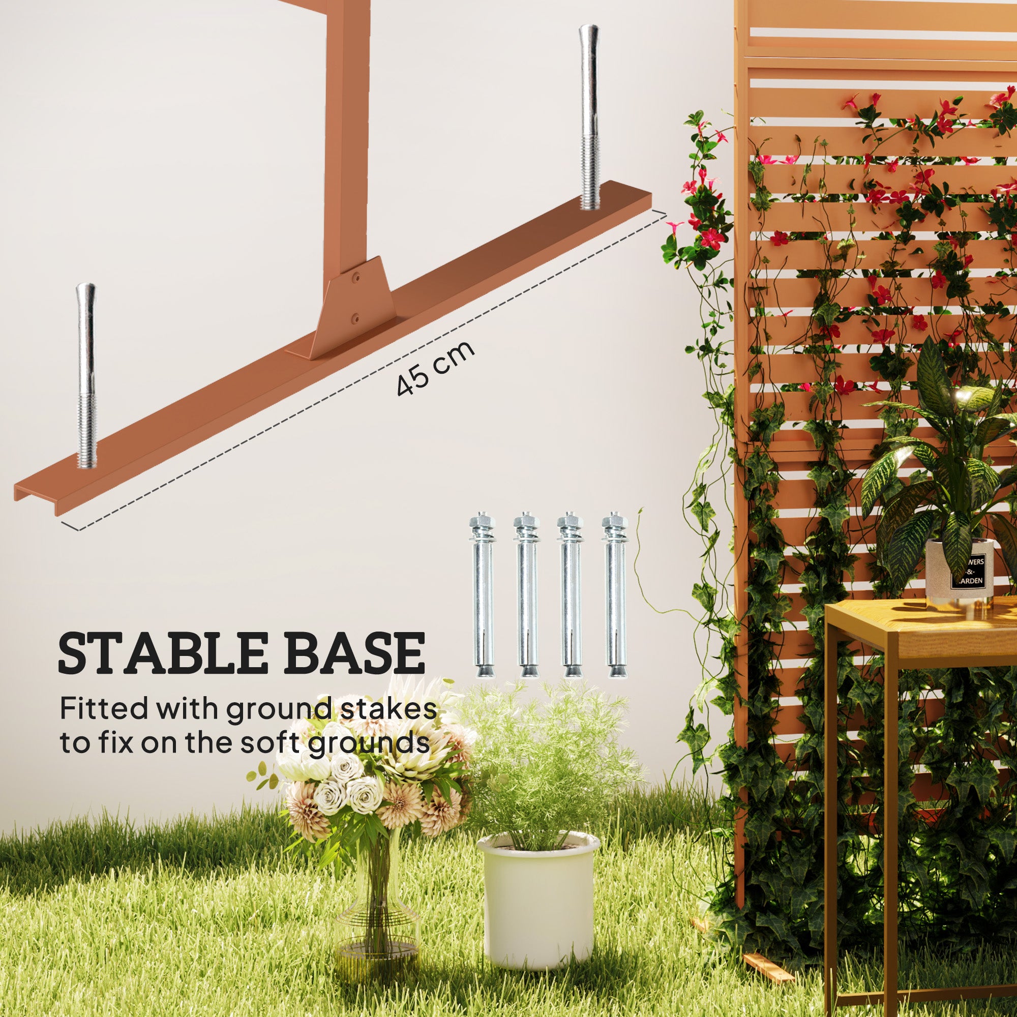 Decorative Outdoor Privacy Panel, Freestanding Metal Outdoor Divider with Stand for Garden, Backyard, Deck, Pool, Brown