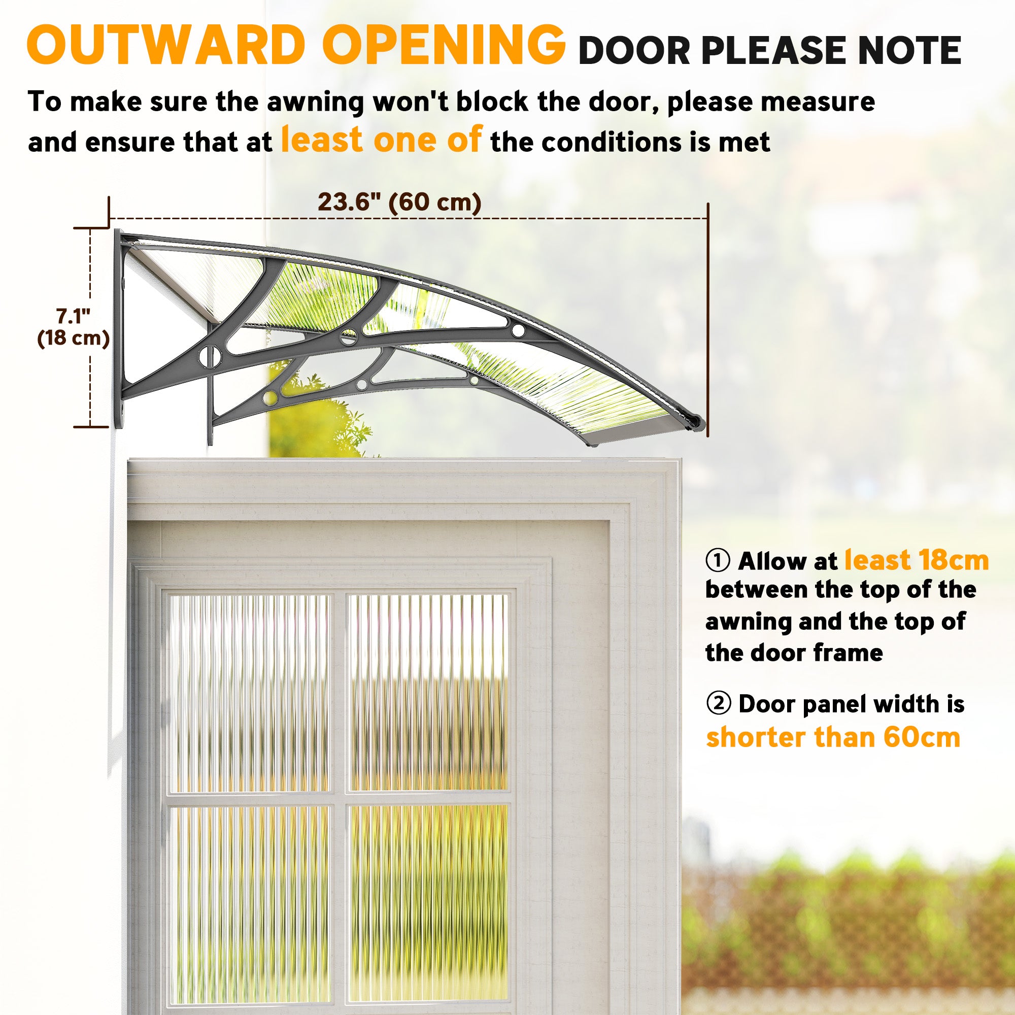 Window Awning Door Canopy, Polycarbonate Front Door Outdoor Patio Cover, Sun Shelter, Hollow Sheet, 43.3" x 23.6", Clear