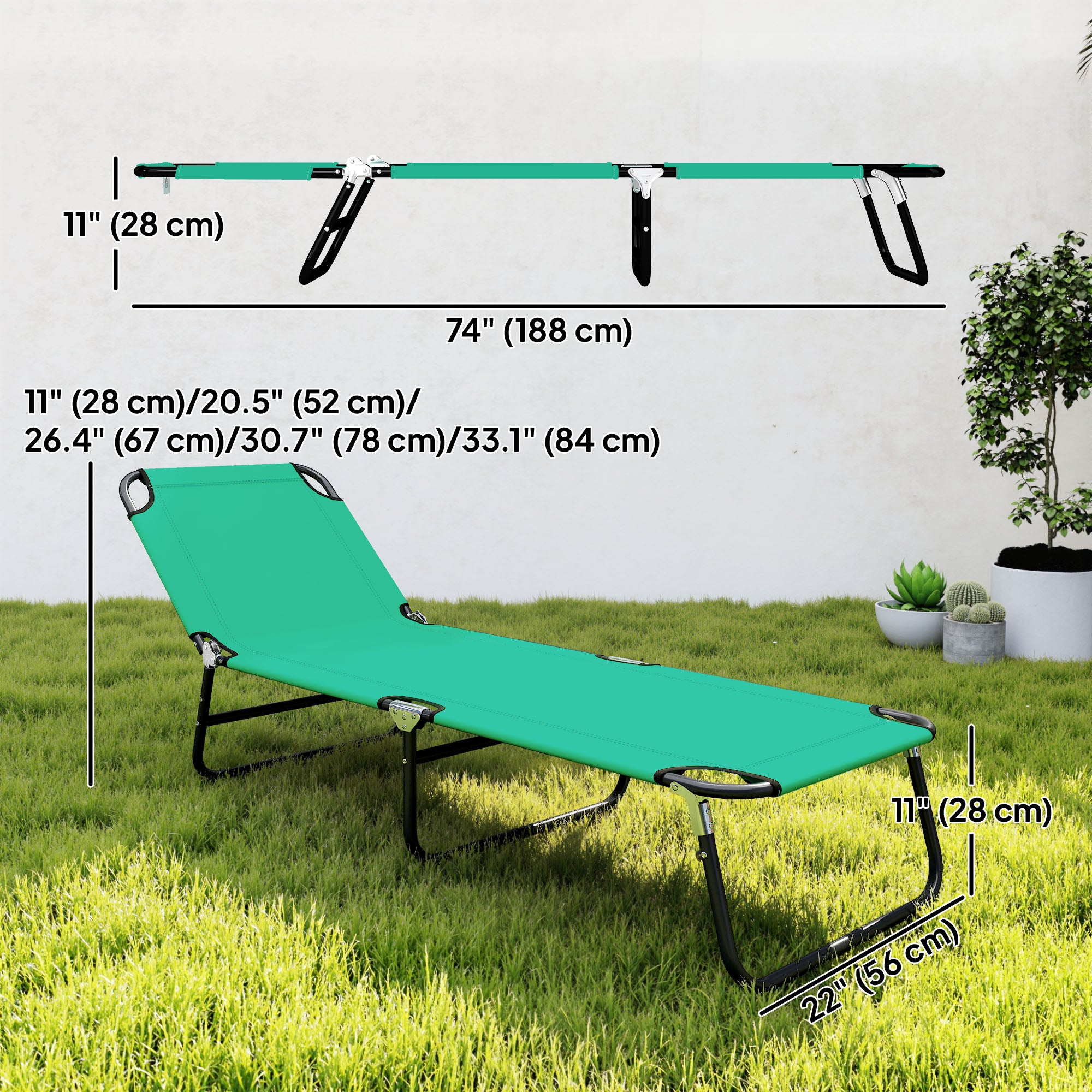 Outdoor Folding Lounge Chair, Steel Tanning Chair with Reclining Back, Breathable Mesh for Beach, Yard, Patio, Green
