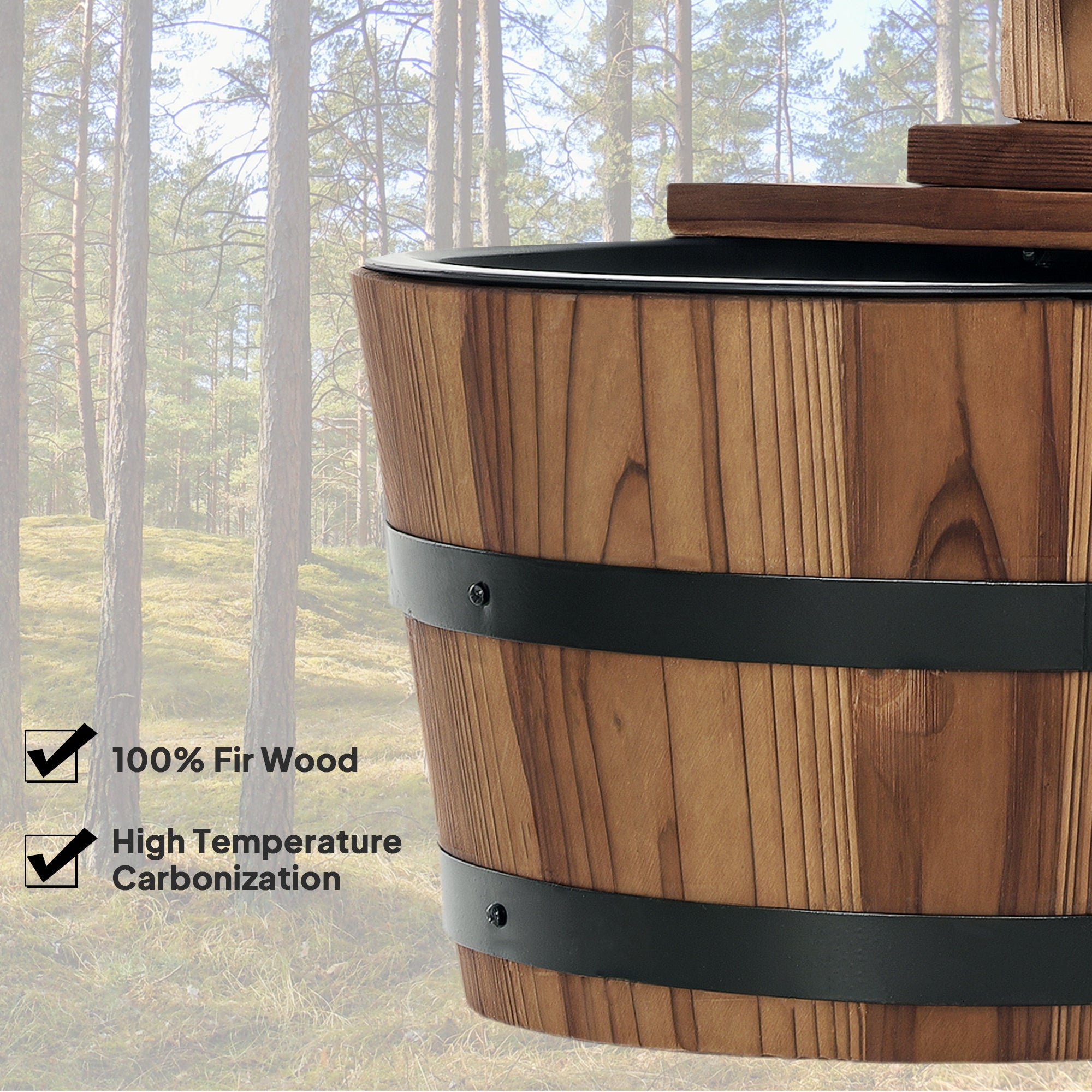 Outdoor Waterfall Fountain, Garden Wood Barrel, Carbonized