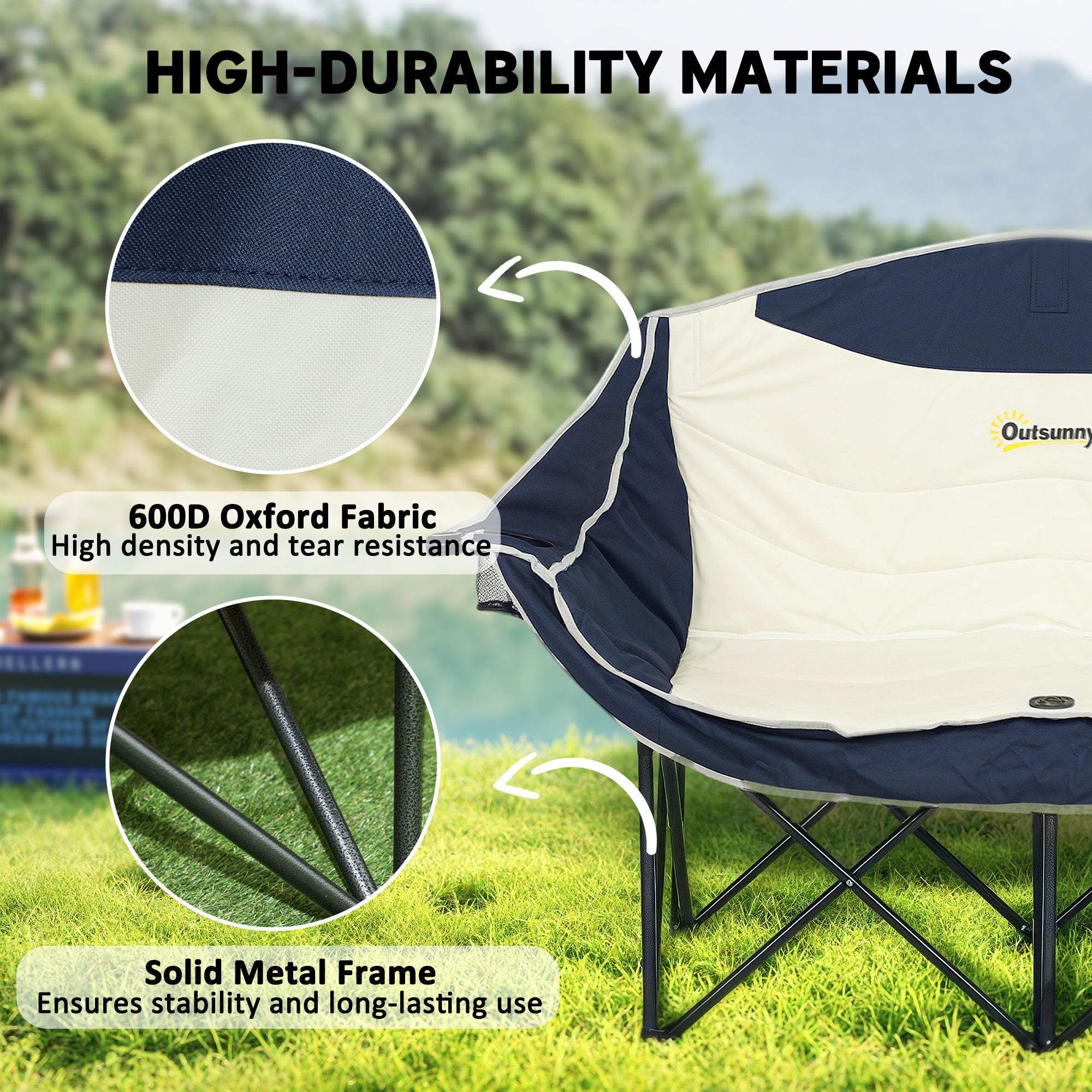 Portable Camp Chair, Double Camping Chair with Cup Holders and Carry Bag, Support 551 lbs, Navy Blue