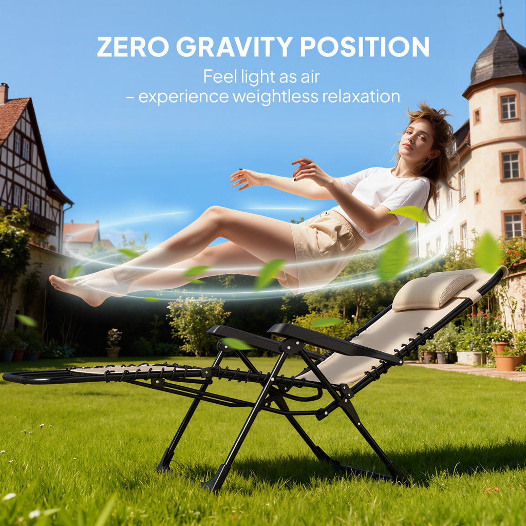 Folding Zero Gravity Chair, 5-Position Adjustable Outdoor Lounge Chair Recliner with Headrest, Beige
