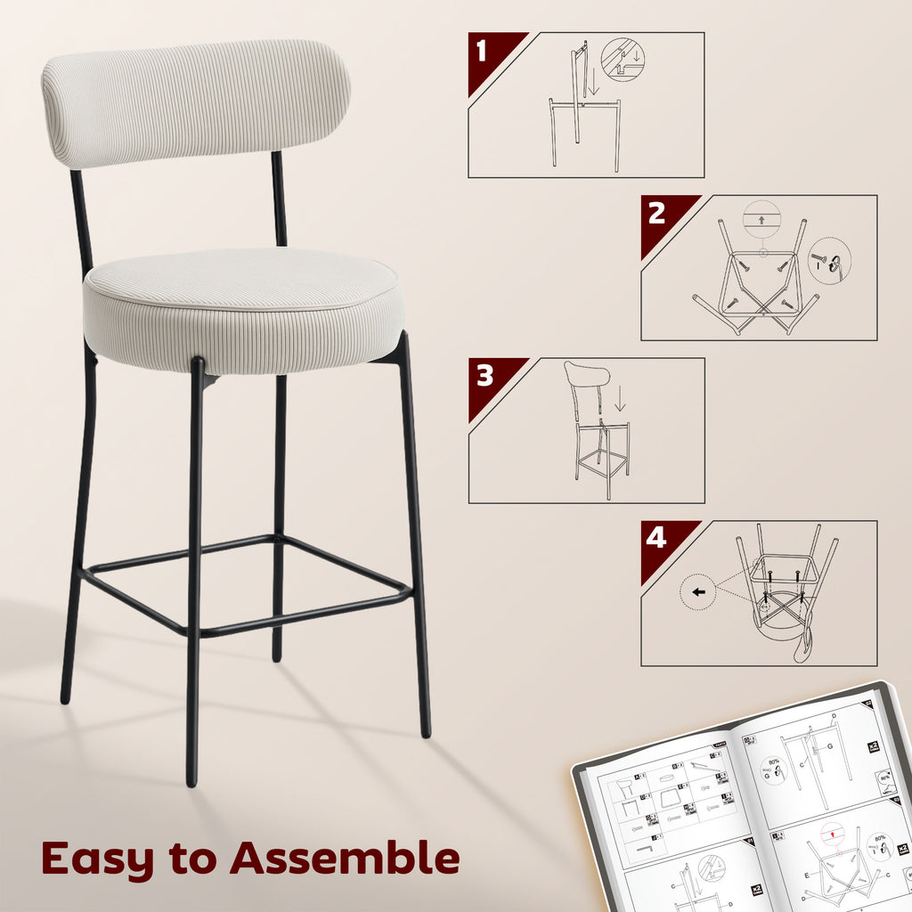 Set of 2 Barstools, Upholstered Corduroy Bar Stools with Backrest, Footrest for Kitchen Island, Dining Room, Cream White