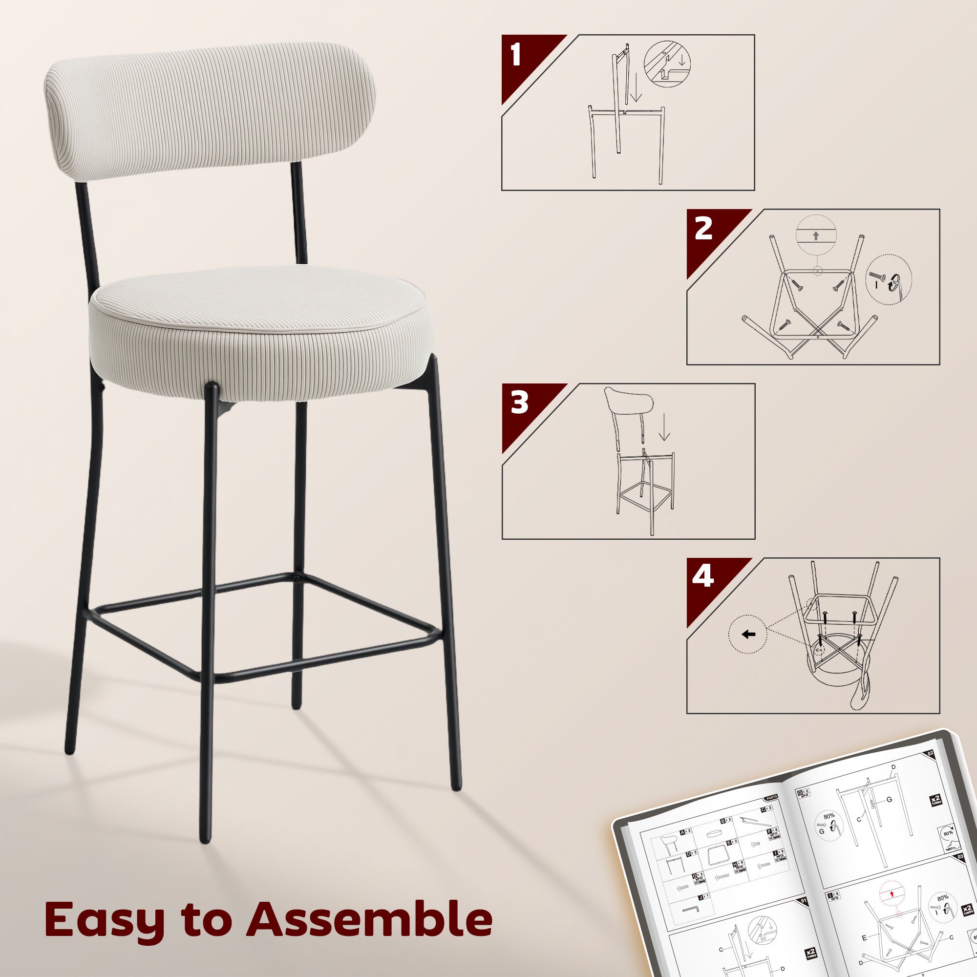 Set of 2 Barstools, Upholstered Corduroy Bar Stools with Backrest, Footrest for Kitchen Island, Dining Room, Cream White
