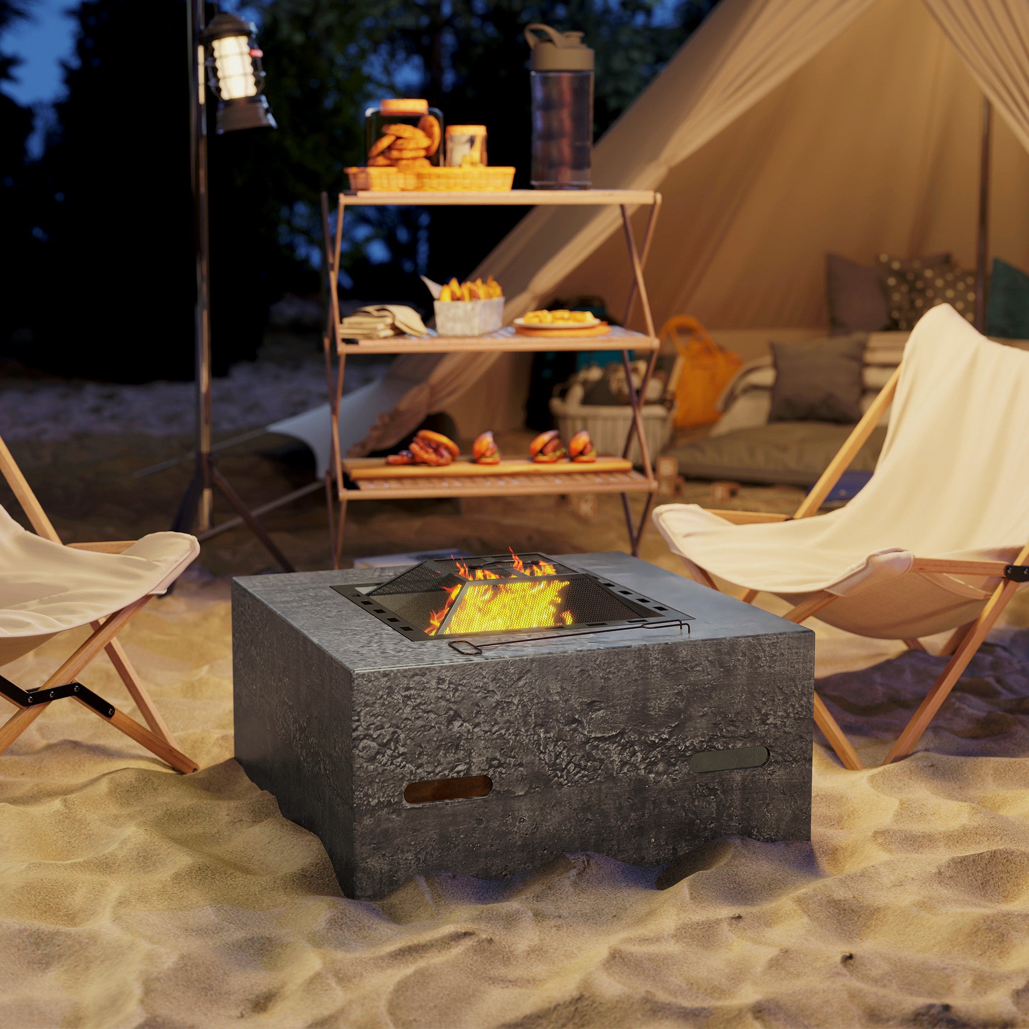 Fire Pit with Fire Poker, Wood Burning Firepit for Outside with Mesh Lid, Magnesium Oxide Stone Texture, Charcoal Grey