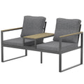 Outdoor Garden Bench with Integrated Table, 2 Seater Patio Loveseat with Thick Cushions, 136 cm Grey