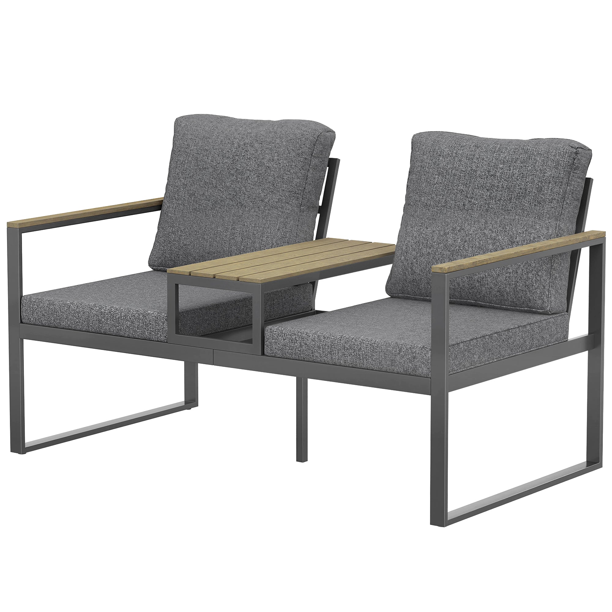 Outdoor Garden Bench with Integrated Table, 2 Seater Patio Loveseat with Thick Cushions, 136 cm Grey