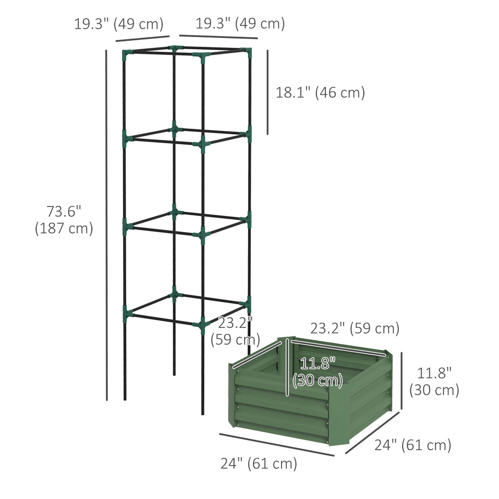 Galvanized Planter Box, Outdoor Raised Garden Bed with 4-Tier Trellis Tomato Cage for Climbing Vines, Vegetables, Green
