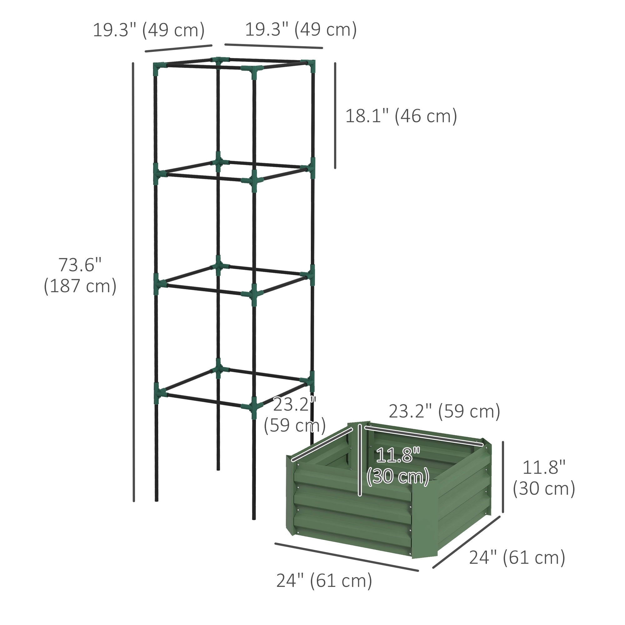 Galvanized Planter Box, Outdoor Raised Garden Bed with 4-Tier Trellis Tomato Cage for Climbing Vines, Vegetables, Green