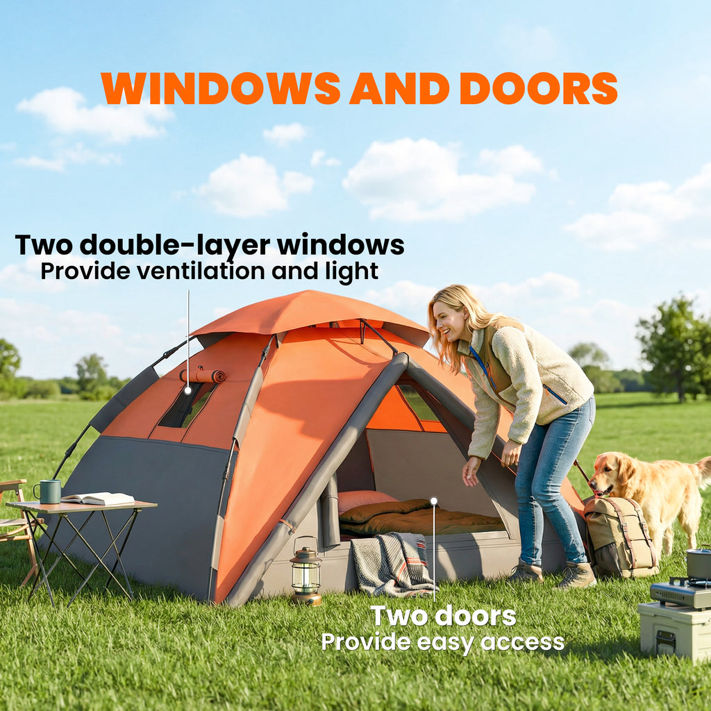 Pop up Camping Tent, 3-4 Man Family Tent, 3000mm Waterproof, with Carry Bag and Top Hook, Dark Grey and Orange