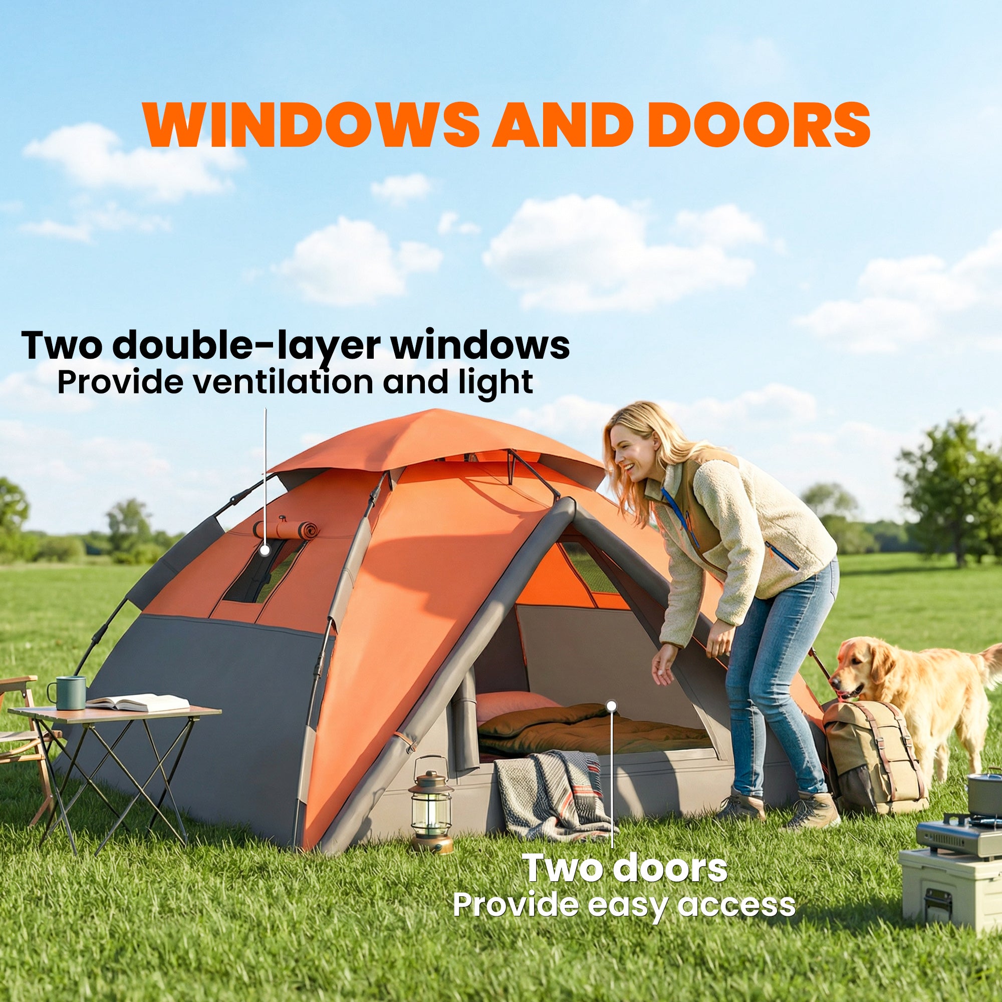 Pop up Camping Tent, 3-4 Man Family Tent, 3000mm Waterproof, with Carry Bag and Top Hook, Dark Grey and Orange
