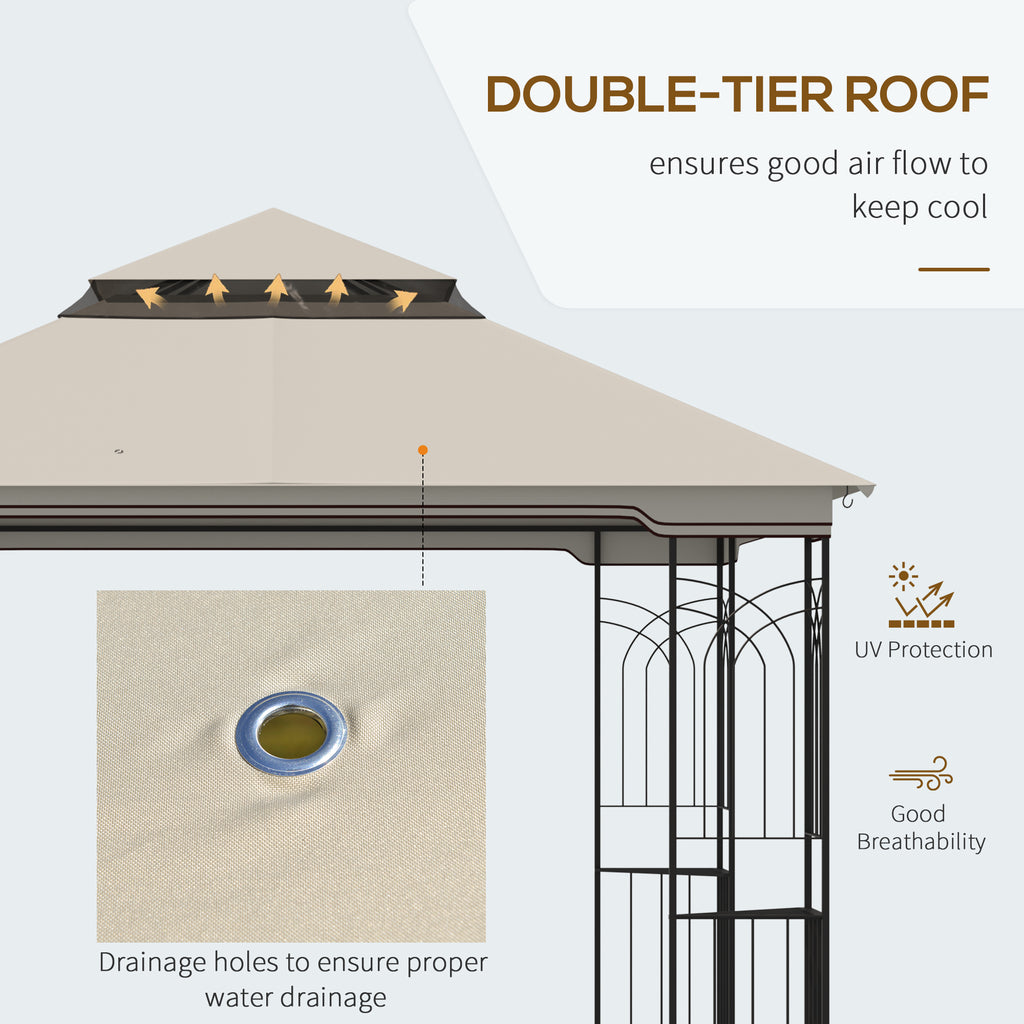 10'x10' Soft-top Patio Gazebo with Double Tier Roof, Mesh Curtains, Display Shelves, Top Hooks, Beige